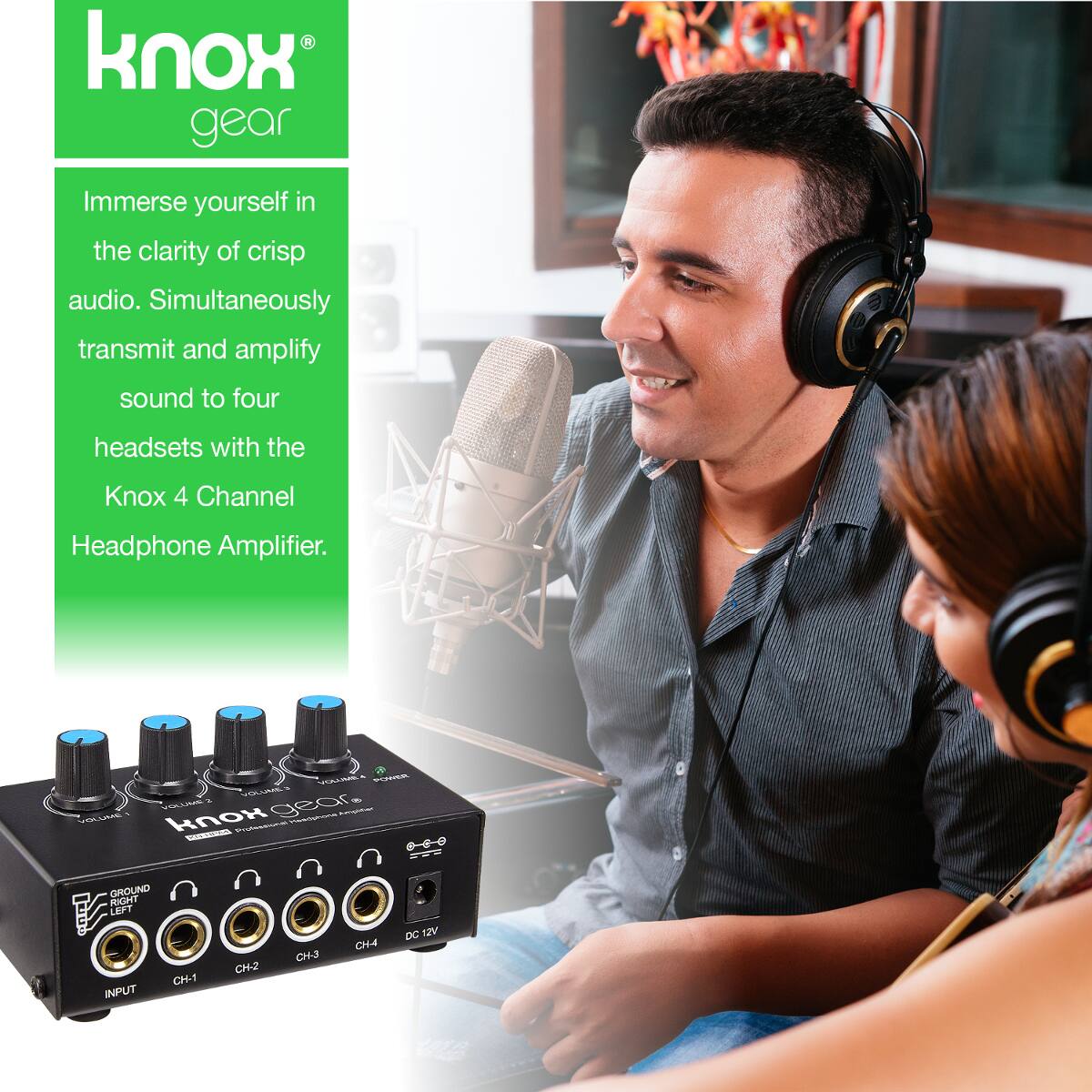 Knox Gear: Immerse yourself in the clarity of crisp audio. Simultaneously transmit and amplify sound to four headsets with the Knox 4 Channel Headphone Amplifier.