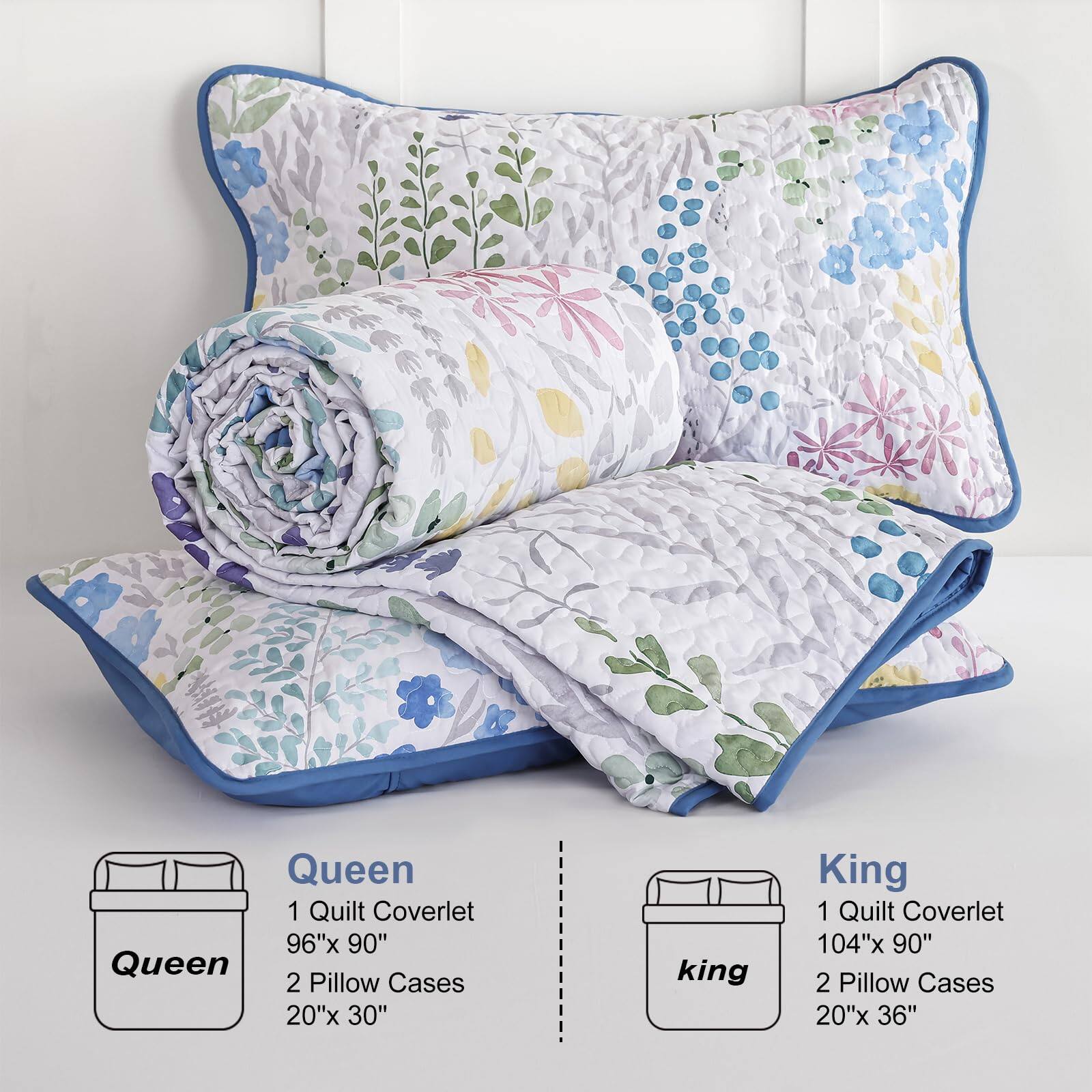 Queen  
1 Quilt Coverlet 96"x 90"  
2 Pillow Cases 20"x 30"  

King  
1 Quilt Coverlet 104"x 90"  
2 Pillow Cases 20"x 36"