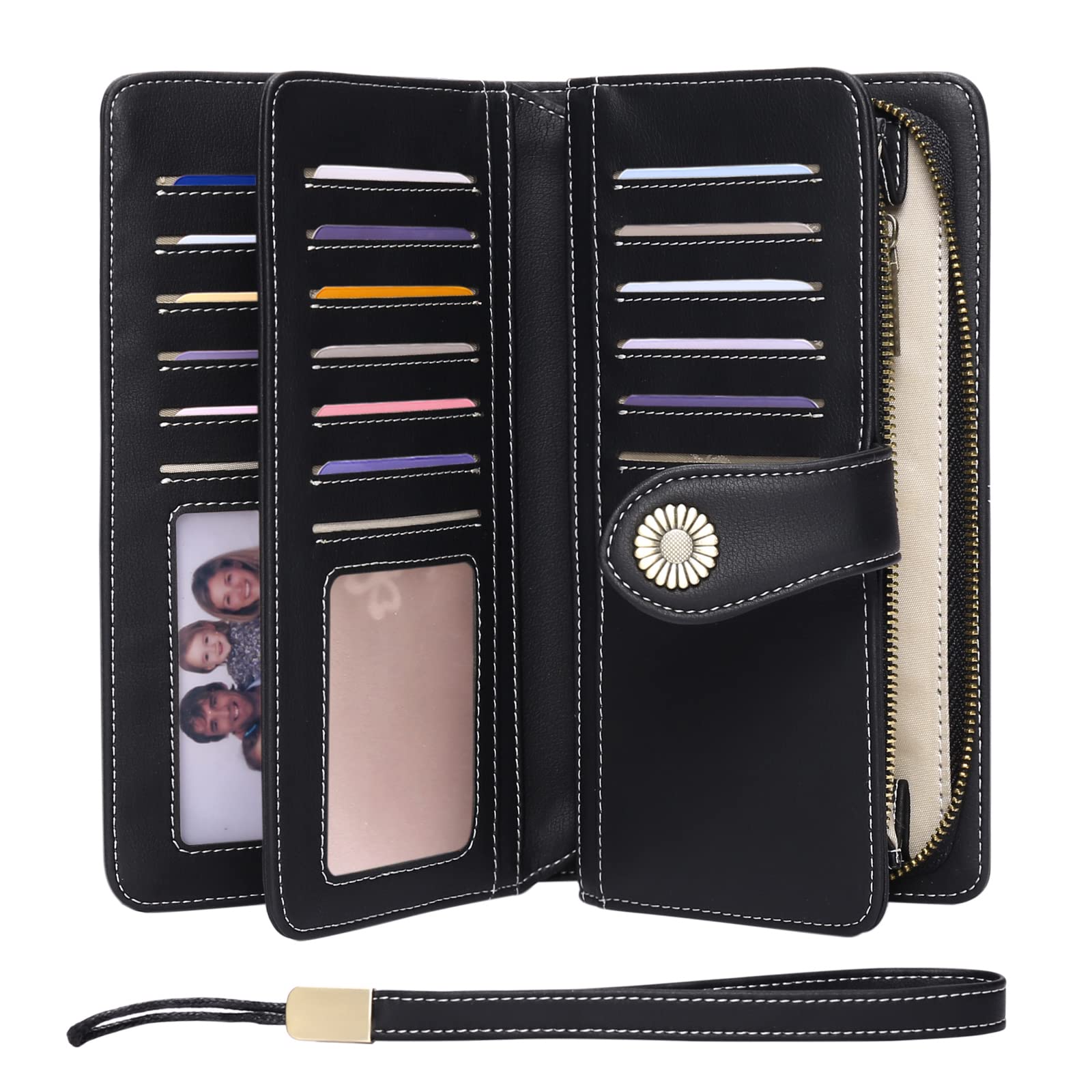Front. Jadie Link - Women Leather Wallet Large Capacity Bifold Rfid Blocking Card Holder Zipper Pocket RFID Wallet Women- leverage top RFID - AA-Black.