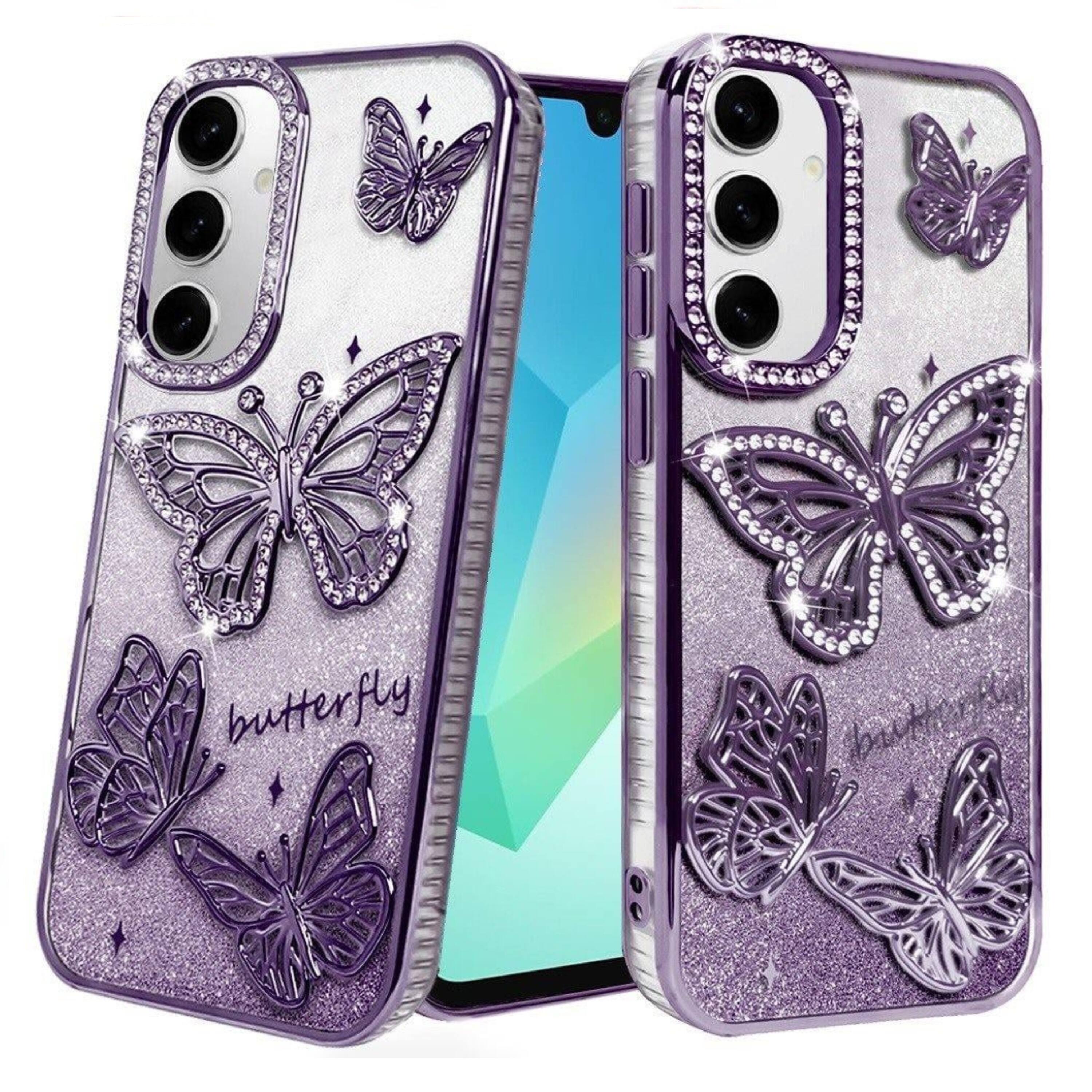 Angle. Kitcheniva - Bling Butterfly 3D Glitter Rhinestone Phone Case With Tempered Glass For Samsung Galaxy A16 5G Purple - Purple.
