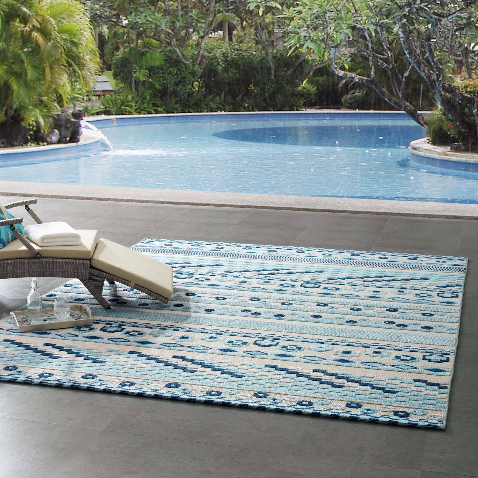 Left. Modway - Reflect Cadhla Vintage Abstract Geometric Lattice Indoor and Outdoor Area Rug - Ivory and Blue.