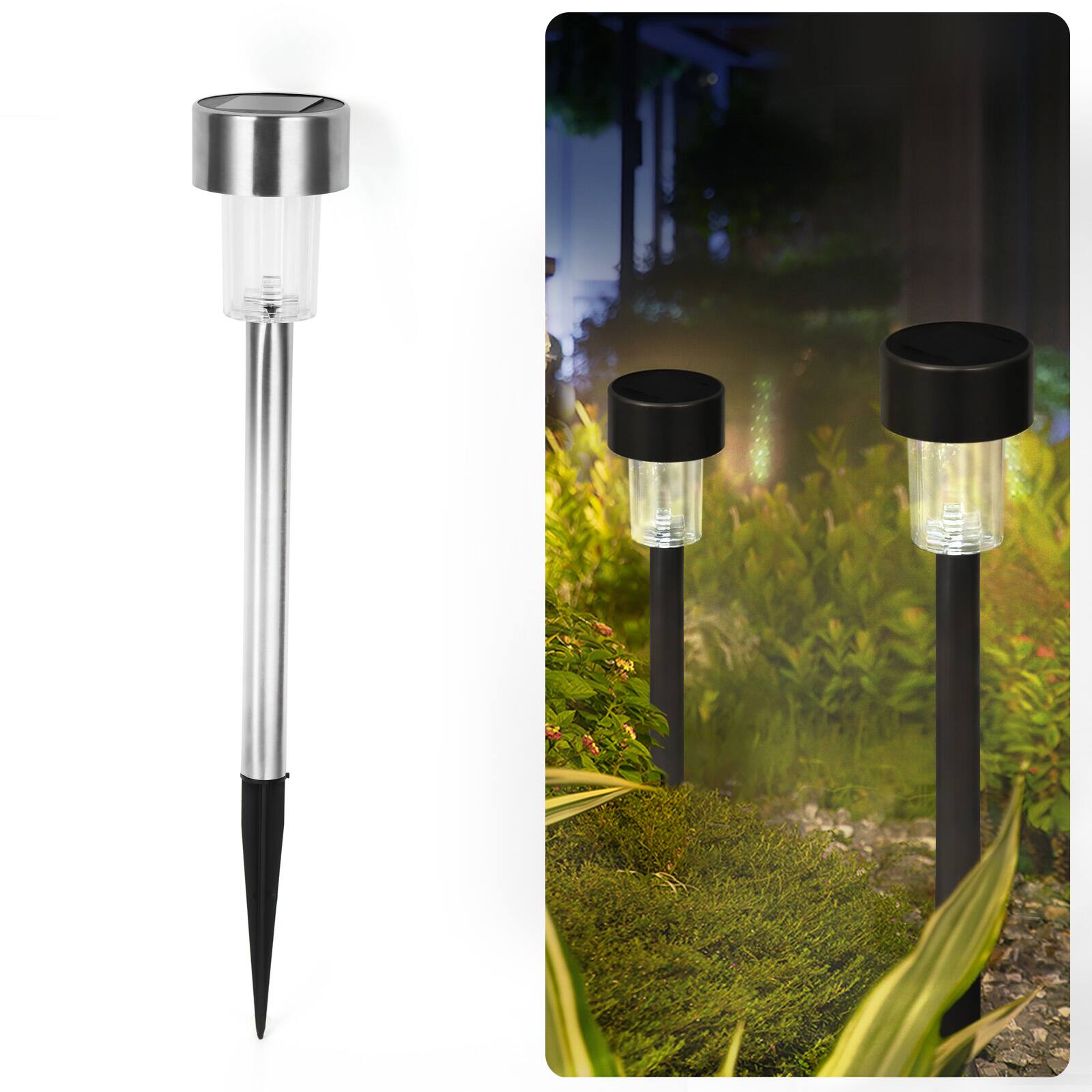 Angle. Oumilen - 10-Pack Solar Stainless Steel Tube Stake Lights 13.6In White LED Outdoor Garden Path Lights.
