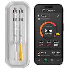 iQ Sense
Probe 1 (Hot)
- SIRLOIN (MEDIUM)
- COOKING 5 m REMAINING
- Internal: 117°F
- Target: 145°F
- Ambient: 252°F
Probe 2
- FILET (MED RARE)
- 112°F / 135°F
- 3 M REMAIN
Home Cook Control Recipes More