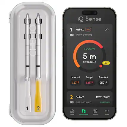 iQ Sense
Probe 1 (Hot)
- SIRLOIN (MEDIUM)
- COOKING 5 m REMAINING
- Internal: 117°F
- Target: 145°F
- Ambient: 252°F
Probe 2
- FILET (MED RARE)
- 112°F / 135°F
- 3 M REMAIN
Home Cook Control Recipes More