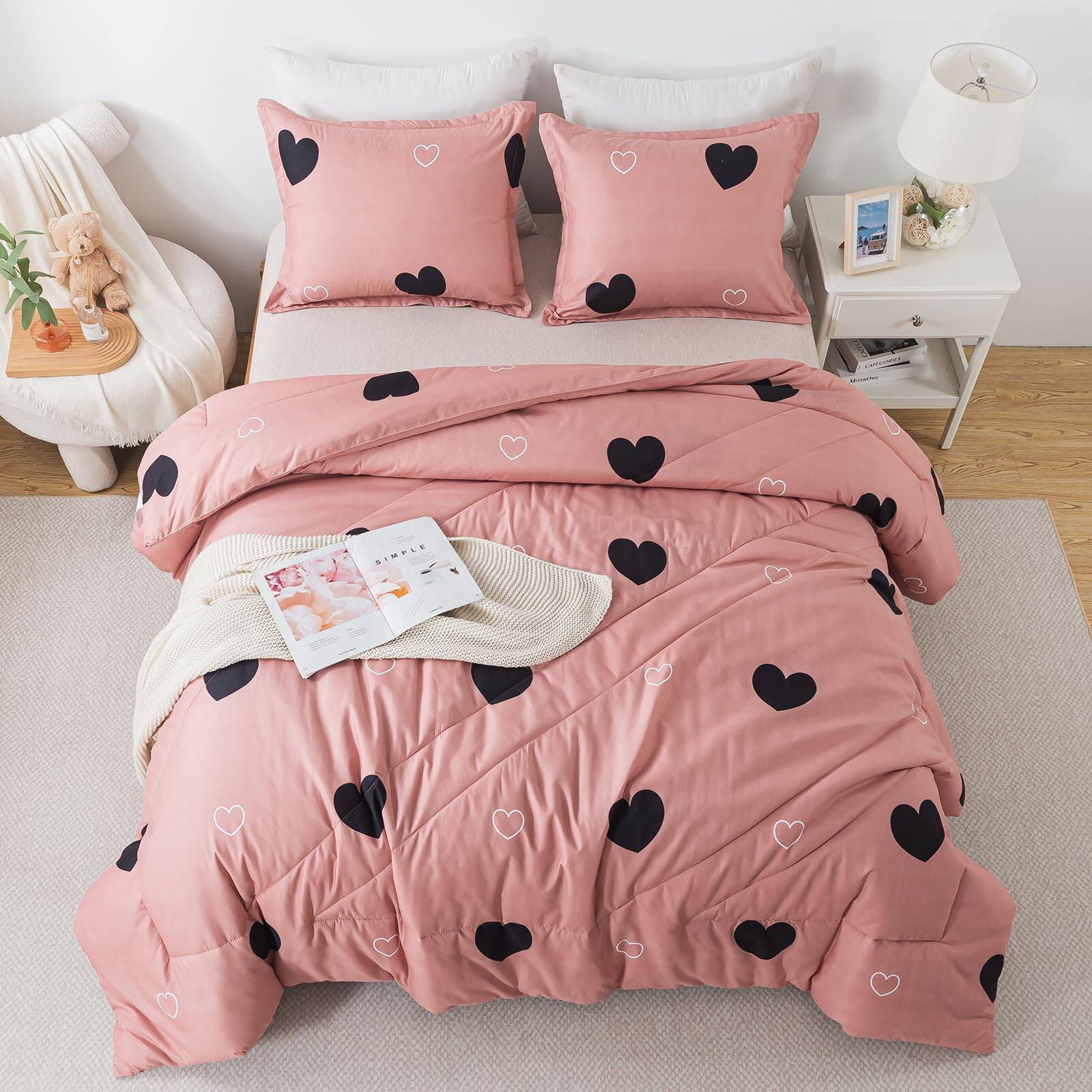 Alt View 2. Dapper Styles - Queen Comforter Set Cameo Cute Love Heart Bedding For All Seasons Geometric Soft Microfiber With Pillowshams - Pink-King.