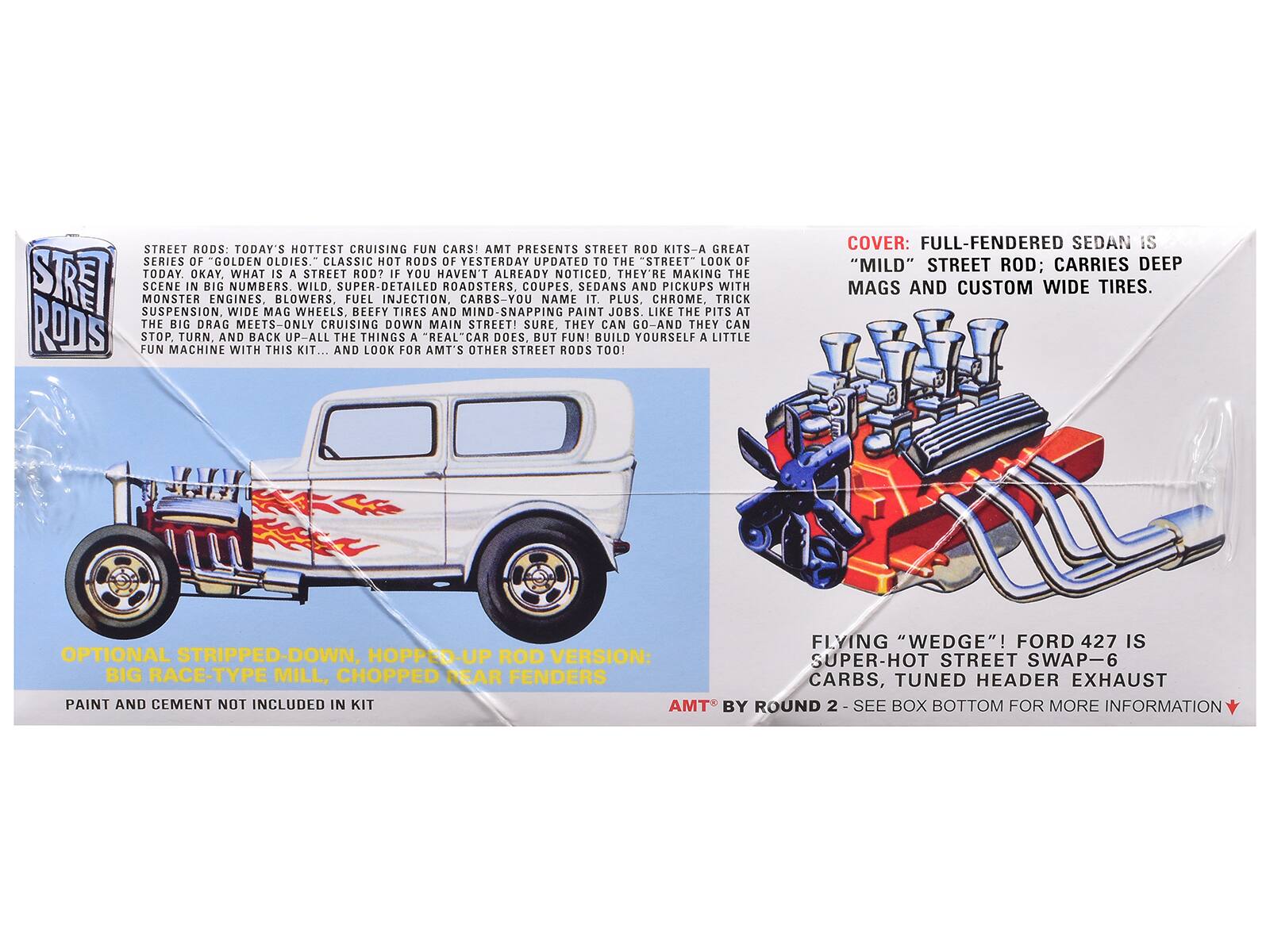 STREET RODS: TODAY'S HOTTEST CRUISING FUN CARS! AMT PRESENTS STREET ROD KITS-A GREAT SERIES OF GOLDEN OLDIES. CLASSIC HOT RODS OF YESTERDAY UPDATED TO THE STREET LOOK OF TODAY. OKAY, WHAT IS A STREET ROD? IF YOU HAVEN'T ALREADY NOTICED, THEY'RE MAKING THE SRT SUSPENSION. MONSTER SCENE IN BIG ENGINES, WIDE NUMBERS MAG BLOWERS, WHEELS, WILD, SUPER-DETAILED FUEL INJECTION. TIRES AND ROADSTERS. CARBS-YOU NAME IT. PLUS, CHROME, TRICK PICKUPS, THE PITS, DRAG MEETS-ONLY CRUISING DOWN MAIN STREET! SURE, THEY CAN GO-AND THEY CAN STOP, TURN, AND BACK UP-ALL THE THINGS A "REAL" CAR DOES. BUT FUN! BUILD YOURSELF A LITTLE FUN MACHINE WITH THIS KIT... AND LOOK FOR AMT'S OTHER STREET RODS TOO! COVER: FULL-FENDERED SEDAN IS "MILD" STREET ROD; CARRIES DEEP MAGS AND CUSTOM WIDE TIRES. F