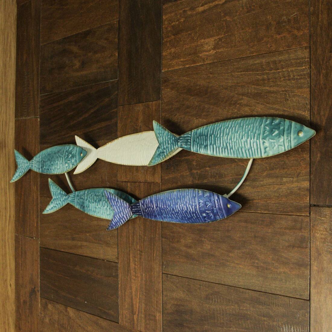 Alt View 3. Zeckos - Metal School of Fish Wall Decor Sculpture – Blue Nautical Beach Home Wall Art  - 34 by 7.25 Inches - Multicolored.