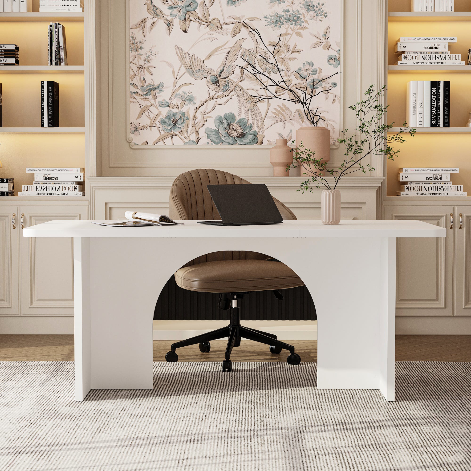 FUFU&GAGA - Modern Arched Desk 74.8 Inch, Computer Table for Home Office, Versatile Dining Table for Kitchen & Dining Room - White