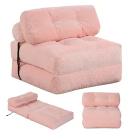 Costway - Folding Sofa Bed, Convertible Sleeper Chair with Pillow Back Support Corduroy Cover - Pink