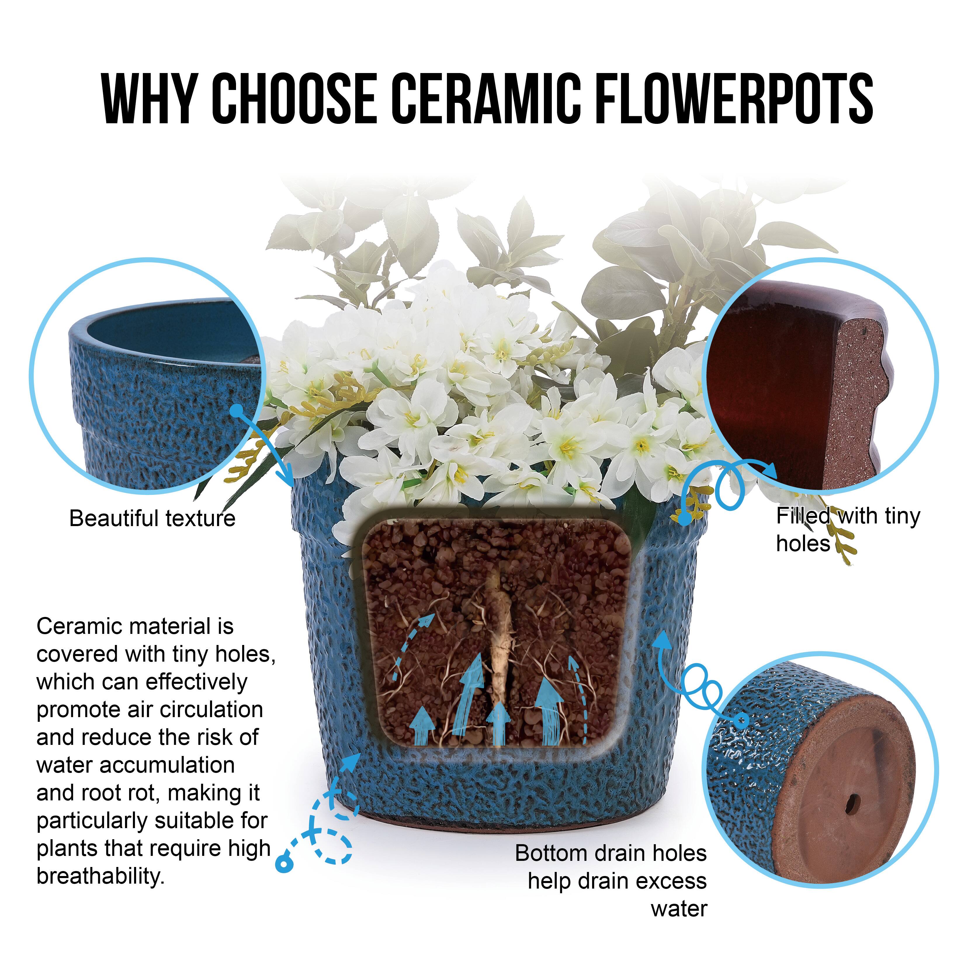 WHY CHOOSE CERAMIC FLOWER POTS

Beautiful texture

Ceramic material is covered with tiny holes, which can effectively promote air circulation and reduce the risk of water accumulation and root rot, making it particularly suitable for plants that require high breathability.

Bottom drain holes help drain excess water