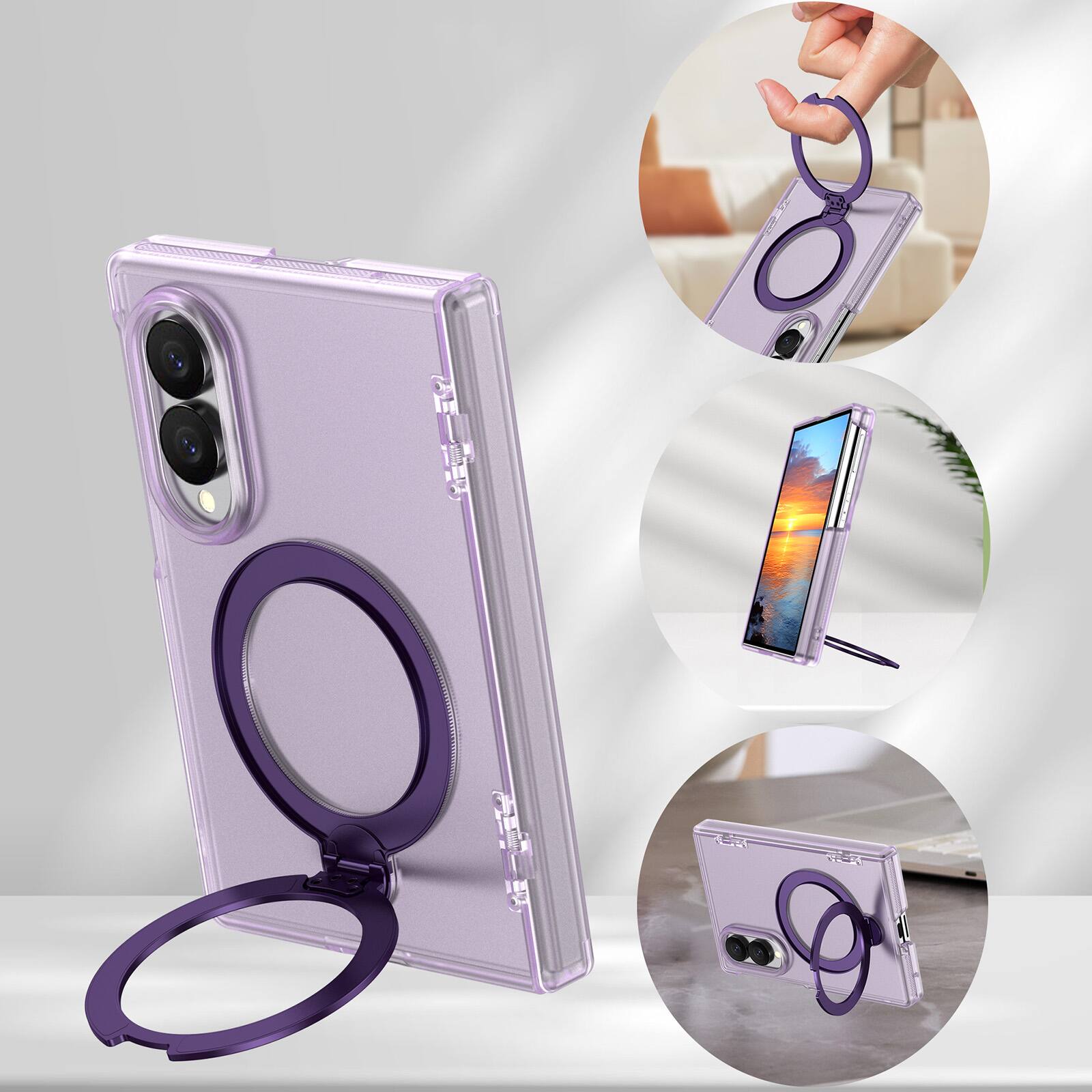 Alt View 1. Dteck - Shockproof Frosted Phone Case for Samsung Galaxy Z Fold8 with Ring Stand, Rugged Slim Magnetic Rigid Plastic Hinge Cover - Mattepurple.