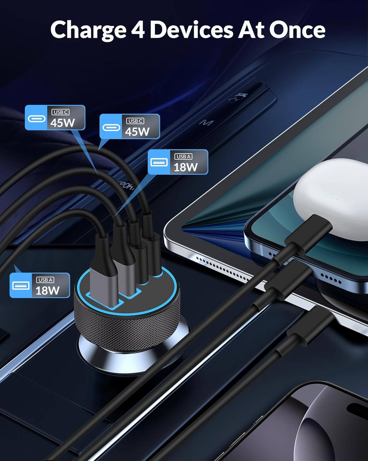 Charge 4 Devices At Once  
USB C 45W  
USB C 45W  
USB A 18W  
USB A 18W