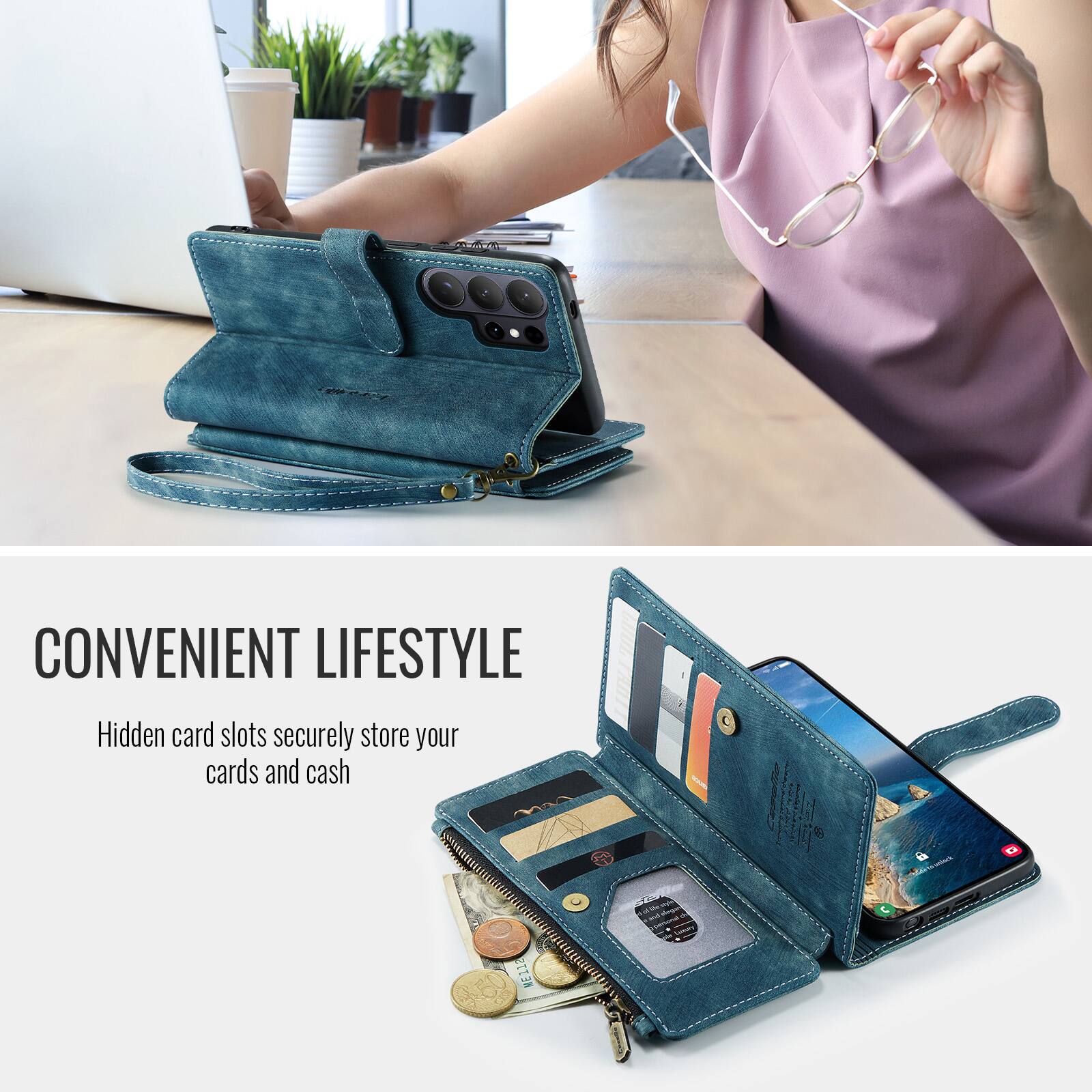 CONVENIENT LIFESTYLE  
Hidden card slots securely store your cards and cash