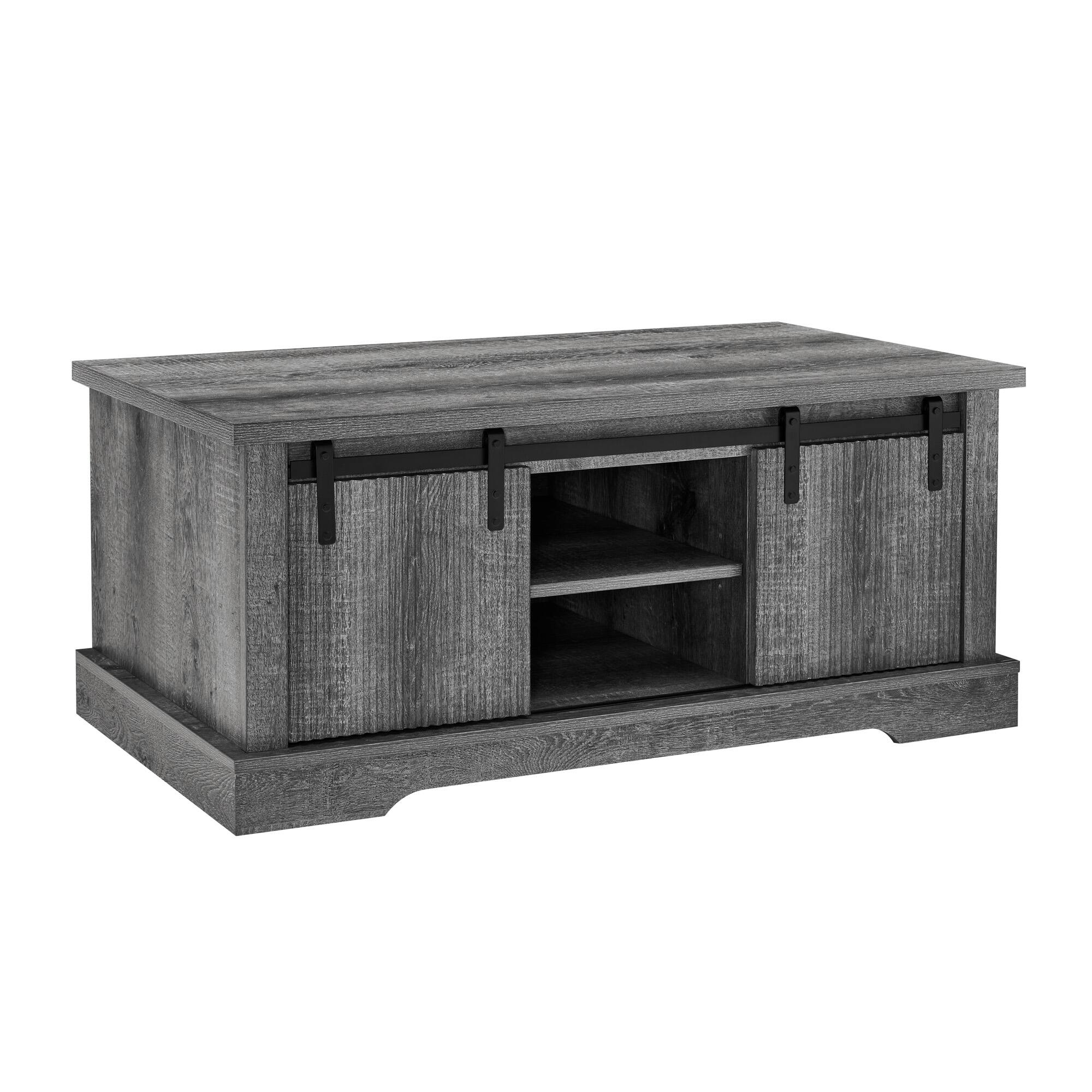 Back. Aukfa - 41.3 Inch Coffee Table with Storage - Sliding Wood Door, Adjustable Shelves, Farmhouse Style for Living/Meeting Room - Light gray.