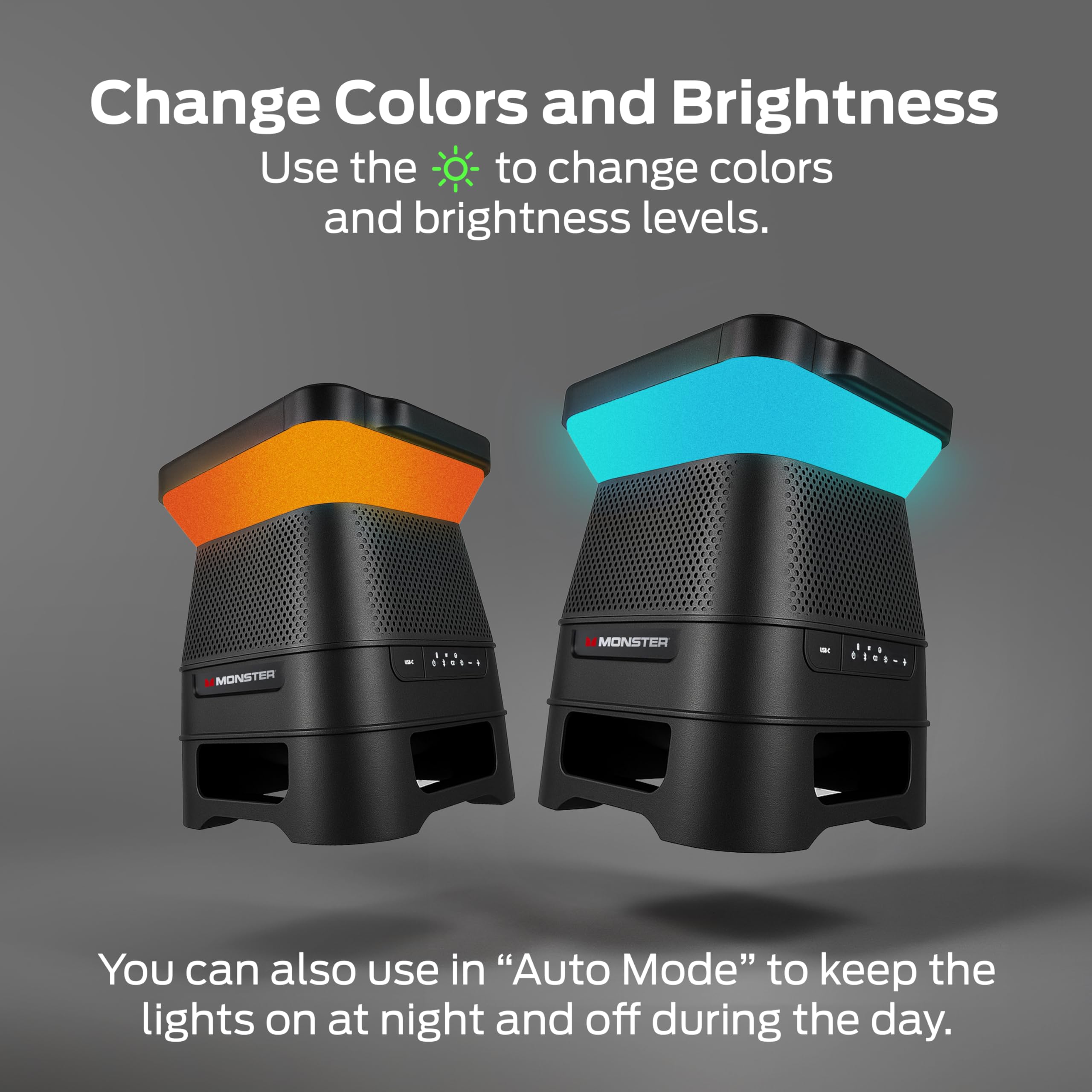 Change Colors and Brightness  
Use the 🌞 to change colors and brightness levels.  

You can also use in "Auto Mode" to keep the lights on at night and off during the day.