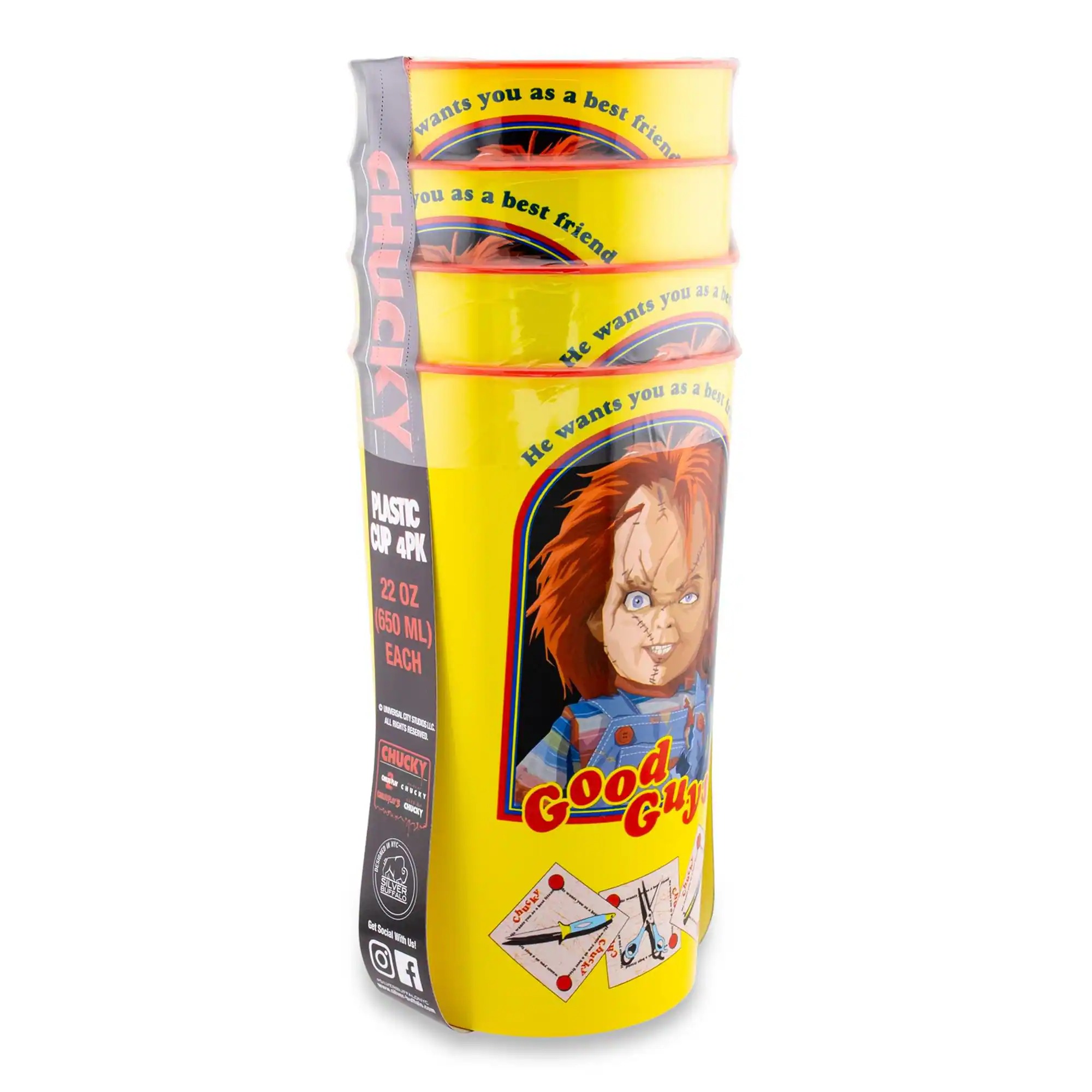 CHUCKY wants you as a best friend

He wants you as a best friend

PLASTIC CUP 4PK
22 OZ (650 ML) EACH

Good Guy

CHUCKY
www.chucky.com

Not Safe With Food

Social Media Icons (Instagram, Facebook)