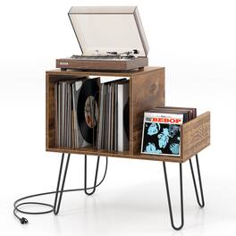 Gymax - Record Player Stand Turntable Stand w/ Built-in Charging Station Metal Legs - Rustic Brown