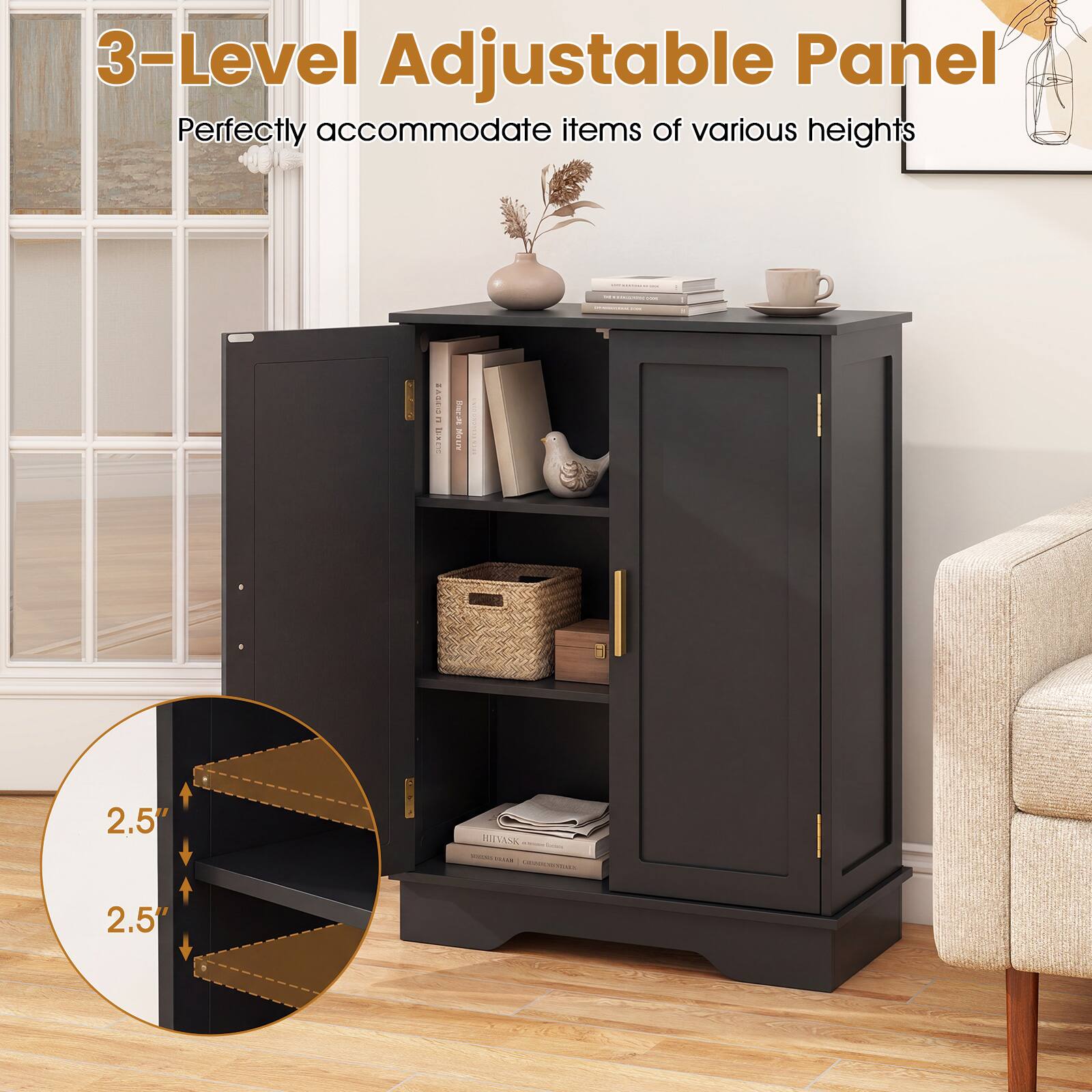 3-Level Adjustable Panel  
Perfectly accommodate items of various heights

PRODUCT 11:35  
Thinks Minuw  
2.5  
HIYASK - move KICONS VALUEN DEMAROBOTADO,  
2.5