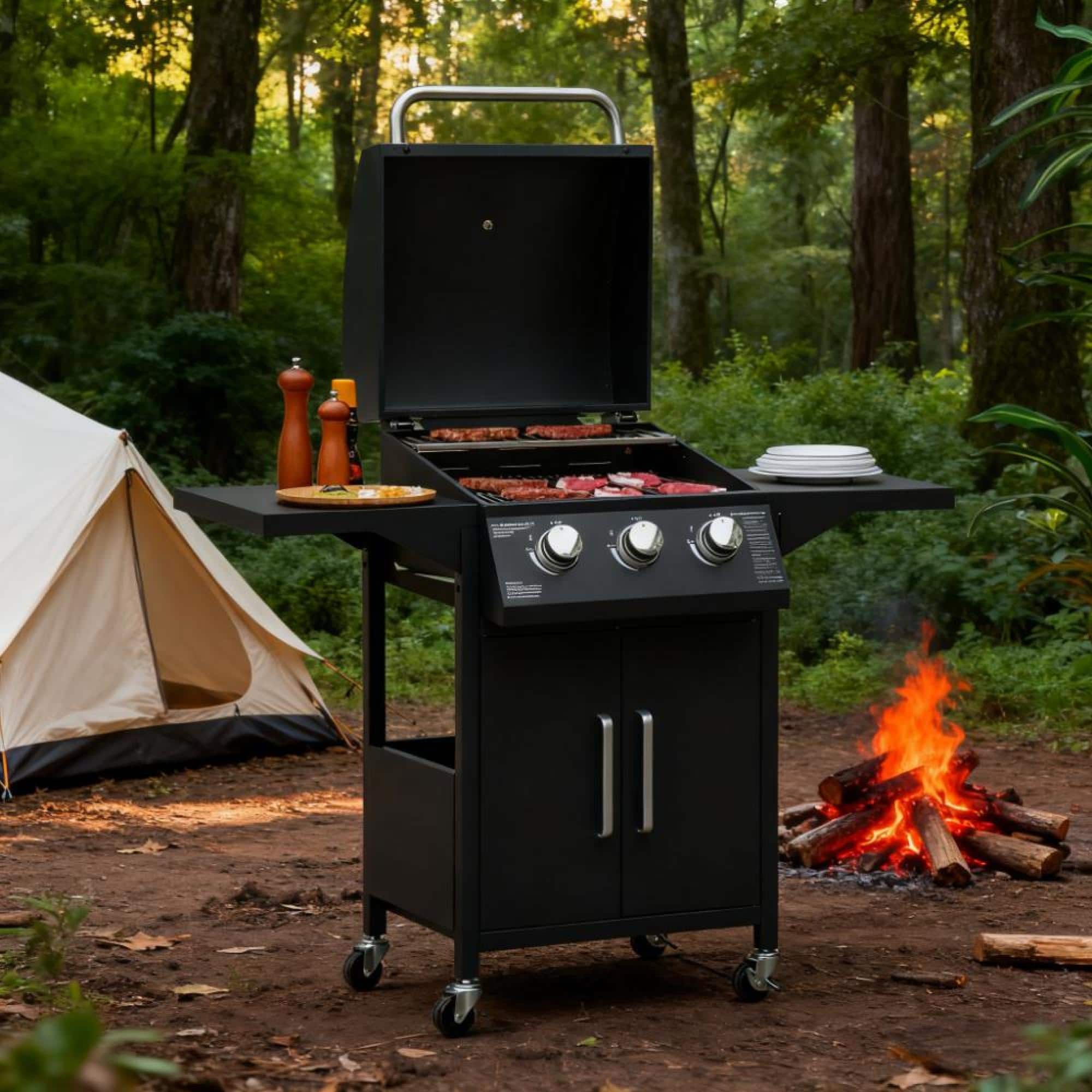 GOODSILO - Portable Outdoor Gas Grill with Wheels and Side Shelves for Convenient Cooking and Mobility - Black