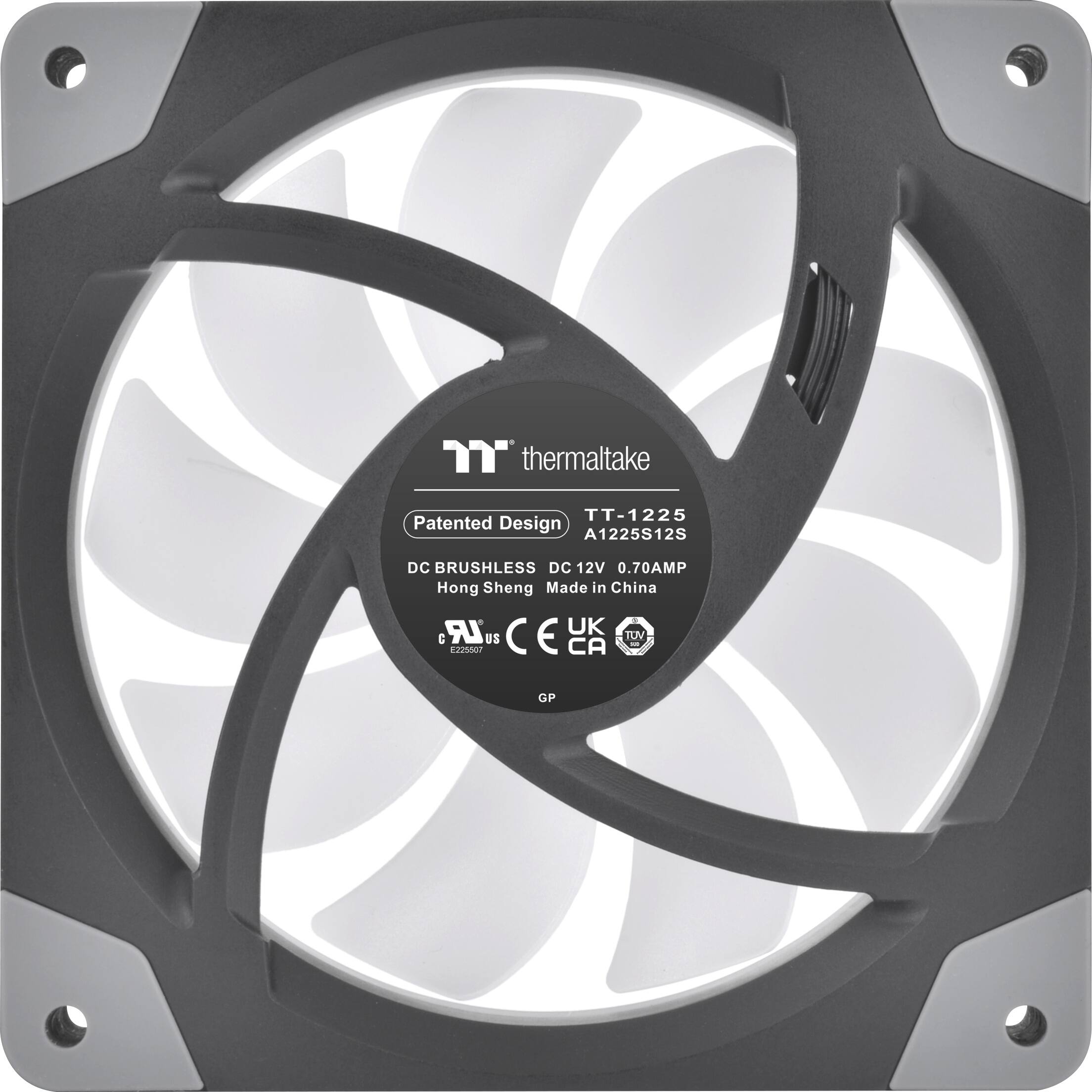 "Thermaltake TT-1225 Patented Design A1225S12S DC BRUSHLESS DC 12V 0.70AMP Hong Sheng Made in China LR UK TUV C adddad US CE CA GP."