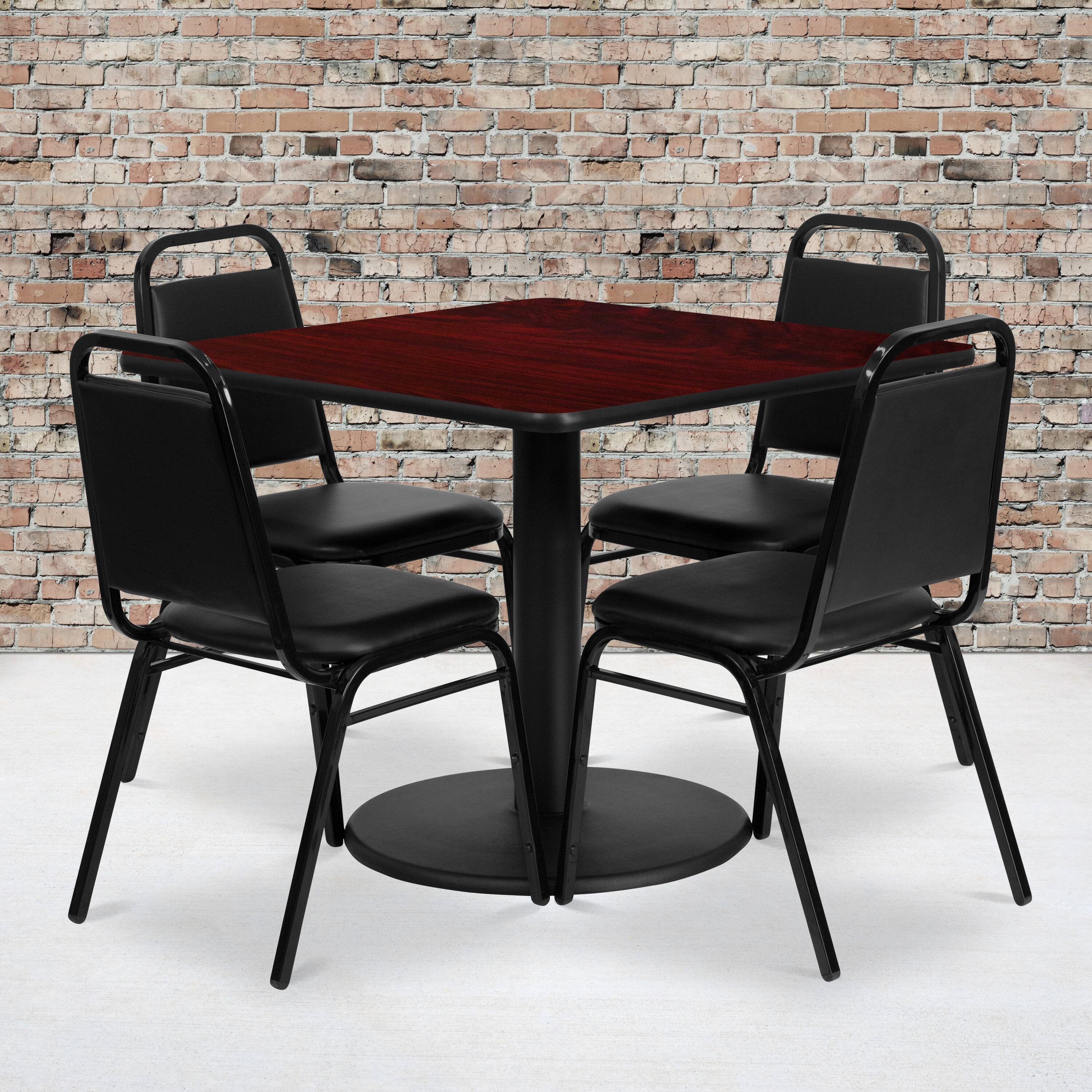 Alt View 1. Emma + Oliver - 36" Square Laminate Table Set with 4 Trapezoidal Banquet Chairs - Mahogany Top/Black Vinyl Seat.