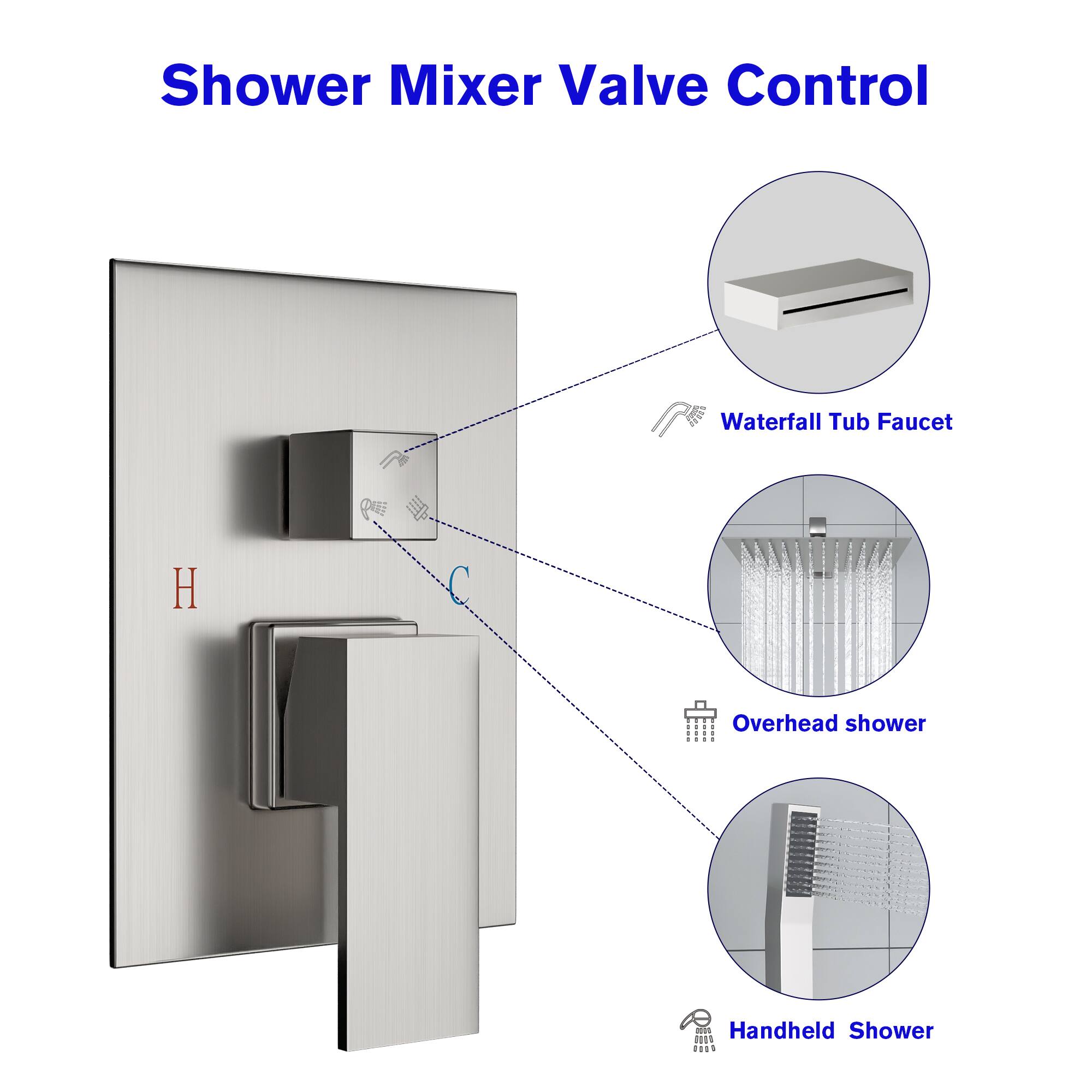 Shower Mixer Valve Control

- Waterfall Tub Faucet
- Overhead Shower
- Handheld Shower