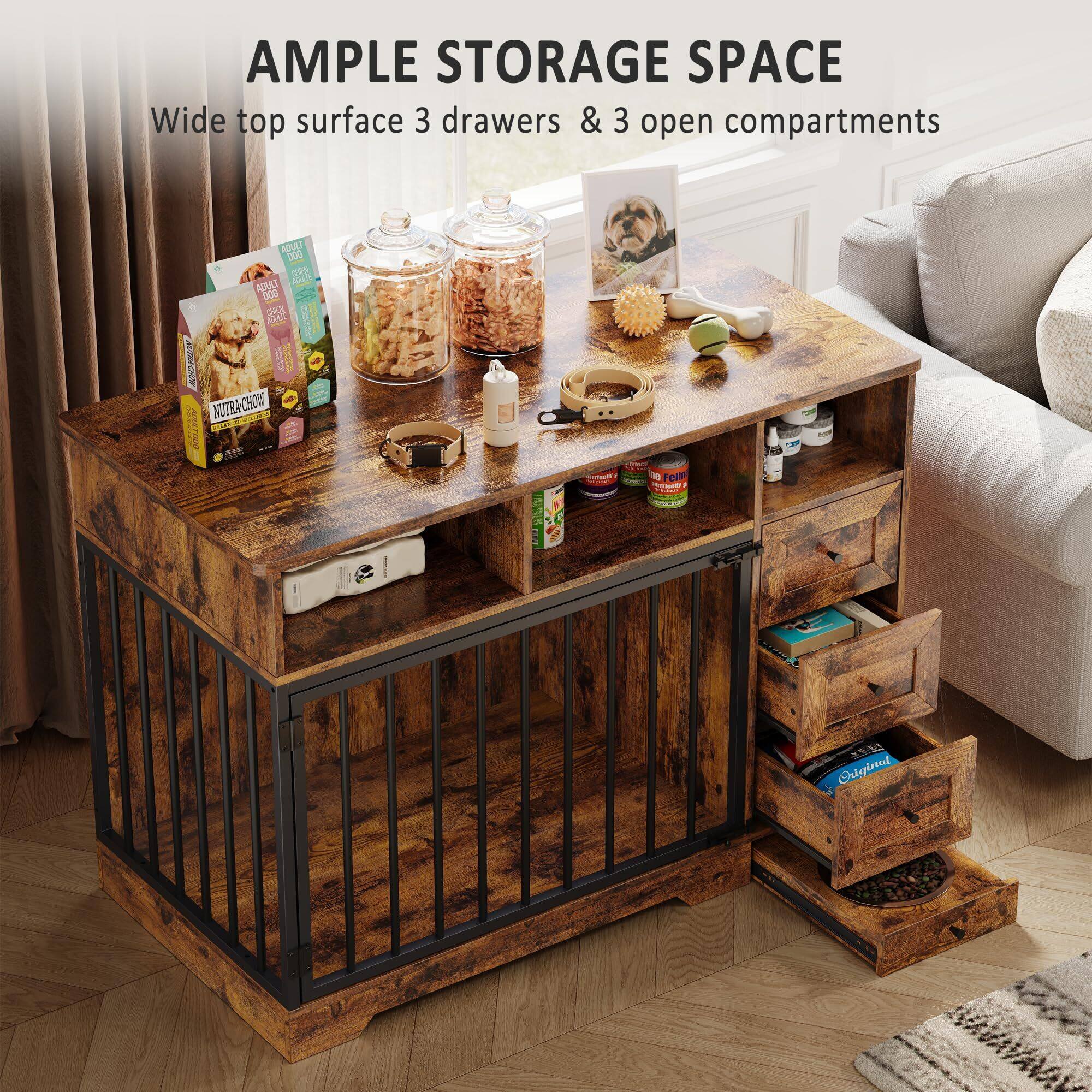 Alt View 4. Acekool - 48 Inch Dog Crate Furniture, Wooden Kennel Table with Bowl & Storage Drawers - Brown.