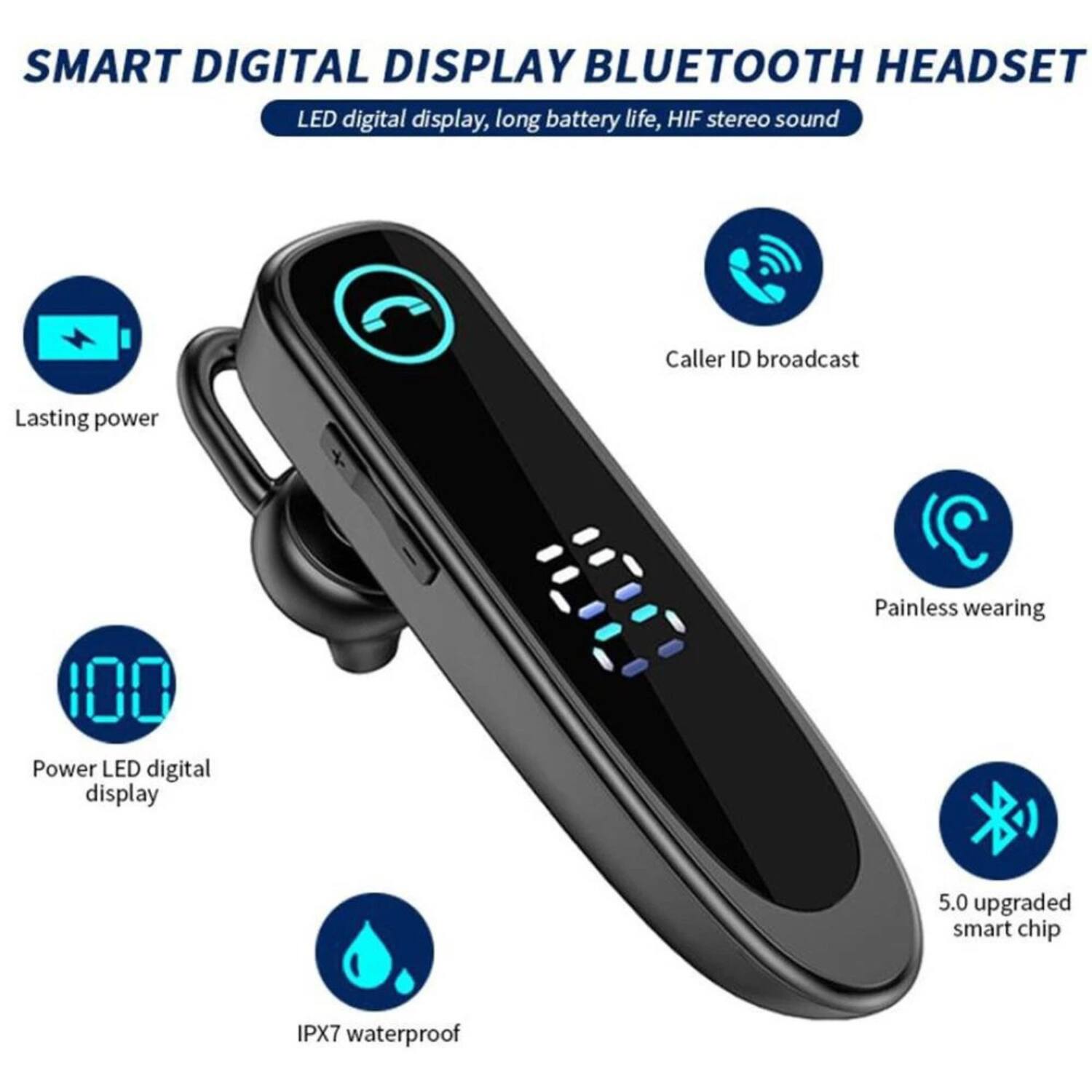 SMART DIGITAL DISPLAY BLUETOOTH HEADSET

- LED digital display, long battery life, HIF stereo sound
- Lasting power
- Caller ID broadcast
- Power LED digital display
- Painless wearing
- IPX7 waterproof
- 5.0 upgraded smart chip