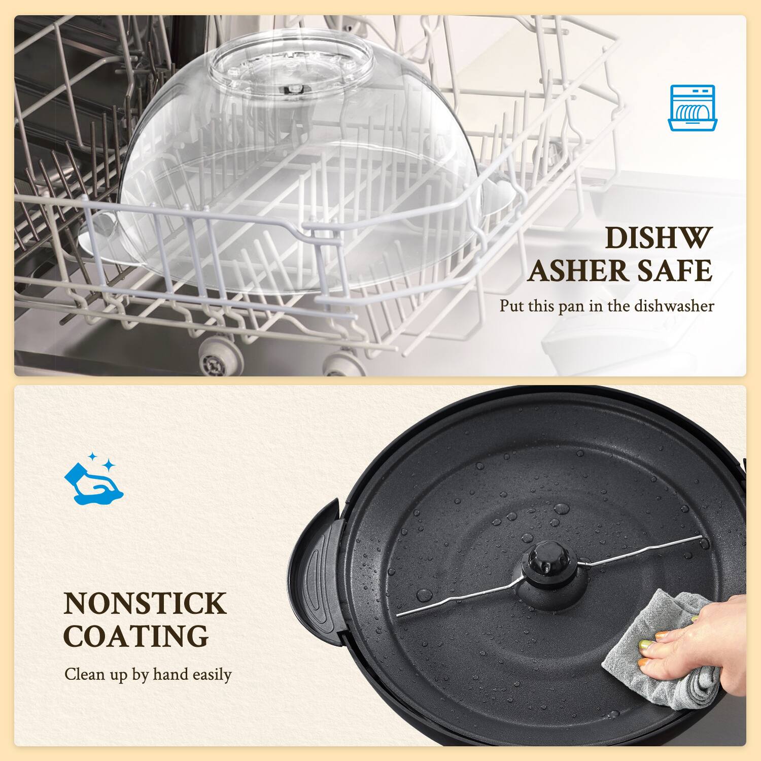 DISHWASHER SAFE  
Put this pan in the dishwasher  

NONSTICK COATING  
Clean up by hand easily