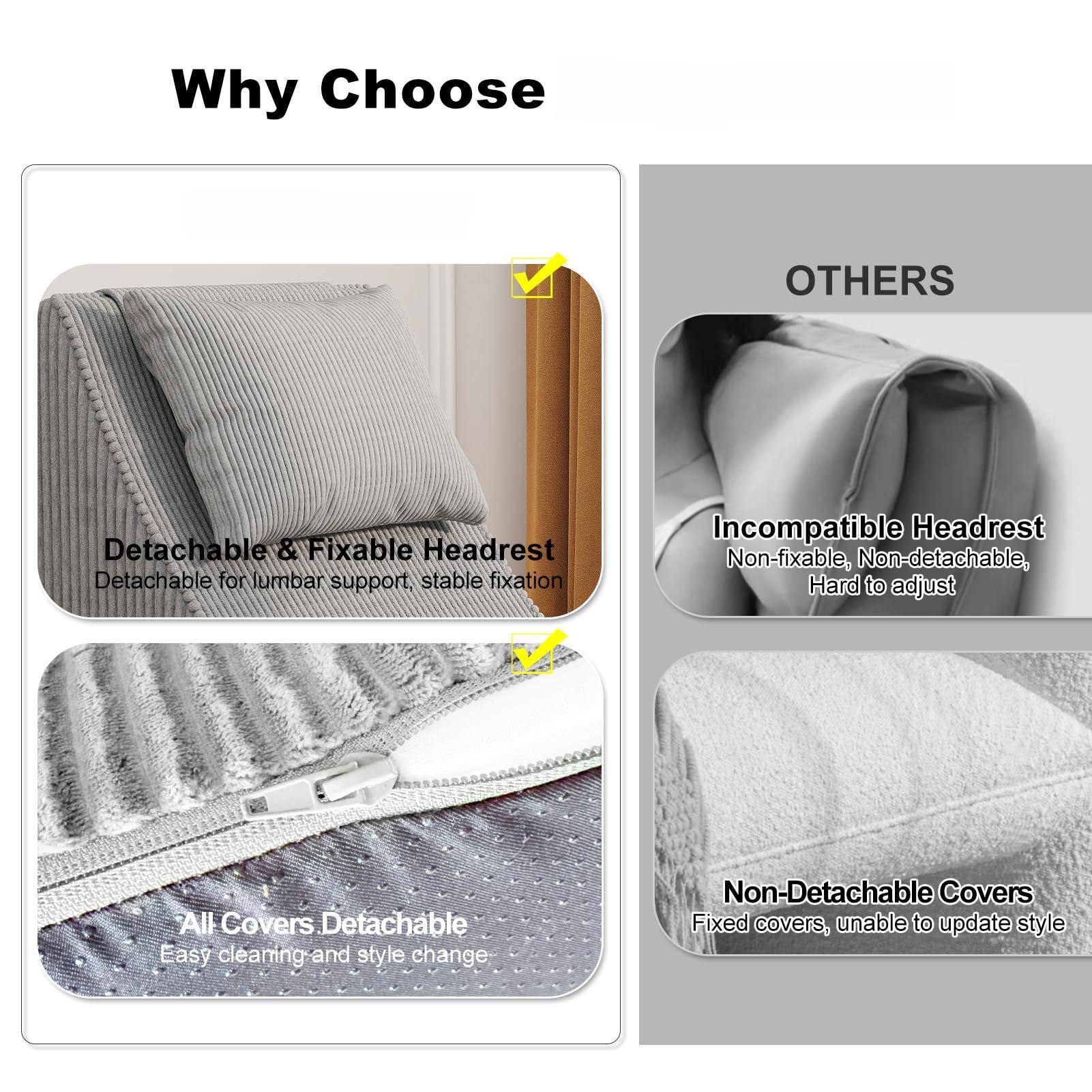 Why Choose

- Detachable & Fixable Headrest
  - Detachable for lumbar support, stable fixation

- All Covers Detachable
  - Easy cleaning and style change

OTHERS

- Incompatible Headrest
  - Non-fixable, Non-detachable, Hard to adjust

- Non-Detachable Covers
  - Fixed covers, unable to update style