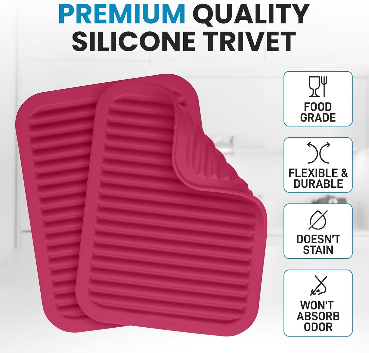 PREMIUM QUALITY SILICONE TRIVET

- FOOD GRADE
- FLEXIBLE & DURABLE
- DOESN'T STAIN
- WON'T ABSORB ODOR