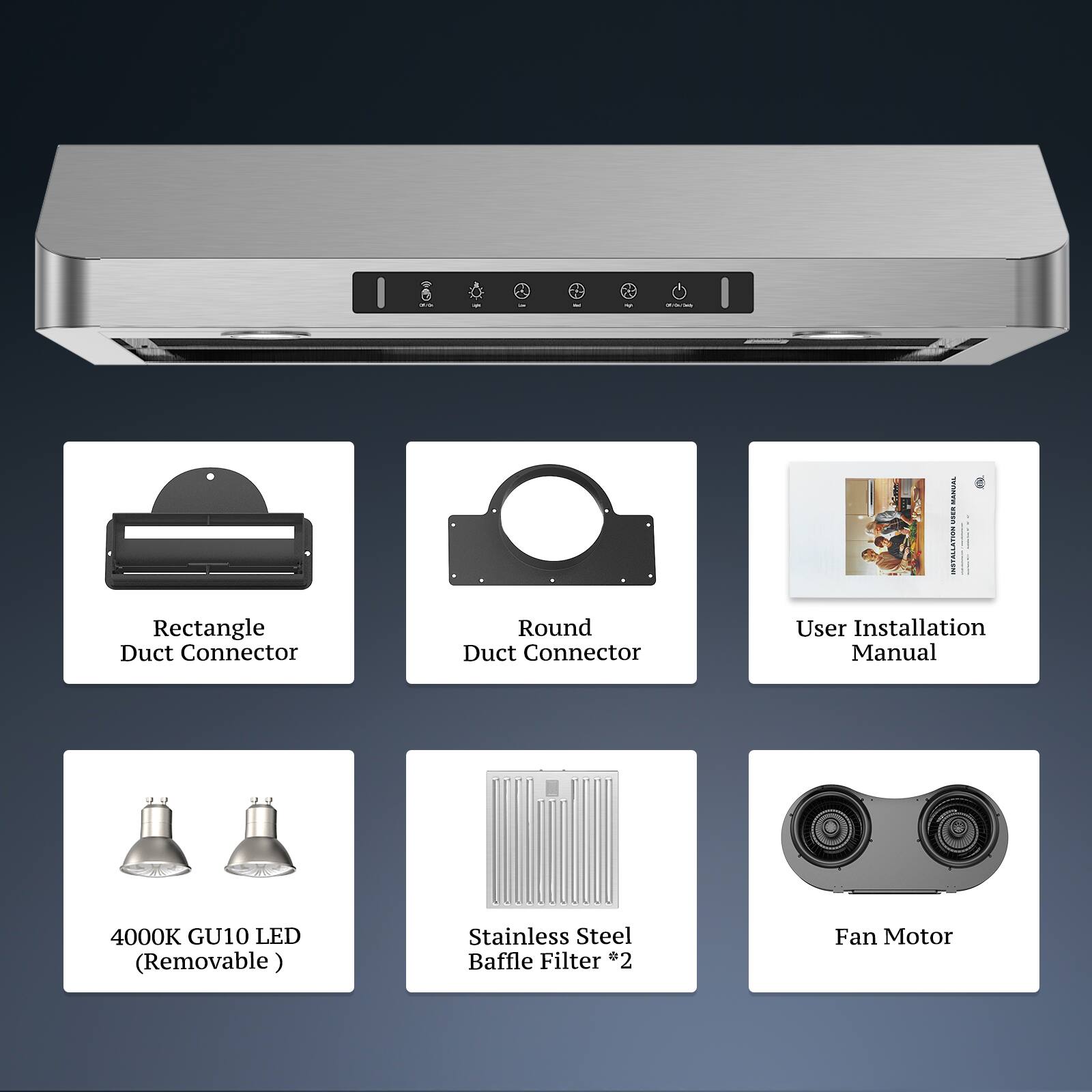 i C | Rectangle Duct Connector, Round Duct Connector, User Installation Manual, 4000K GU10 LED (Removable), Stainless Steel Baffle Filter $2, Fan Motor