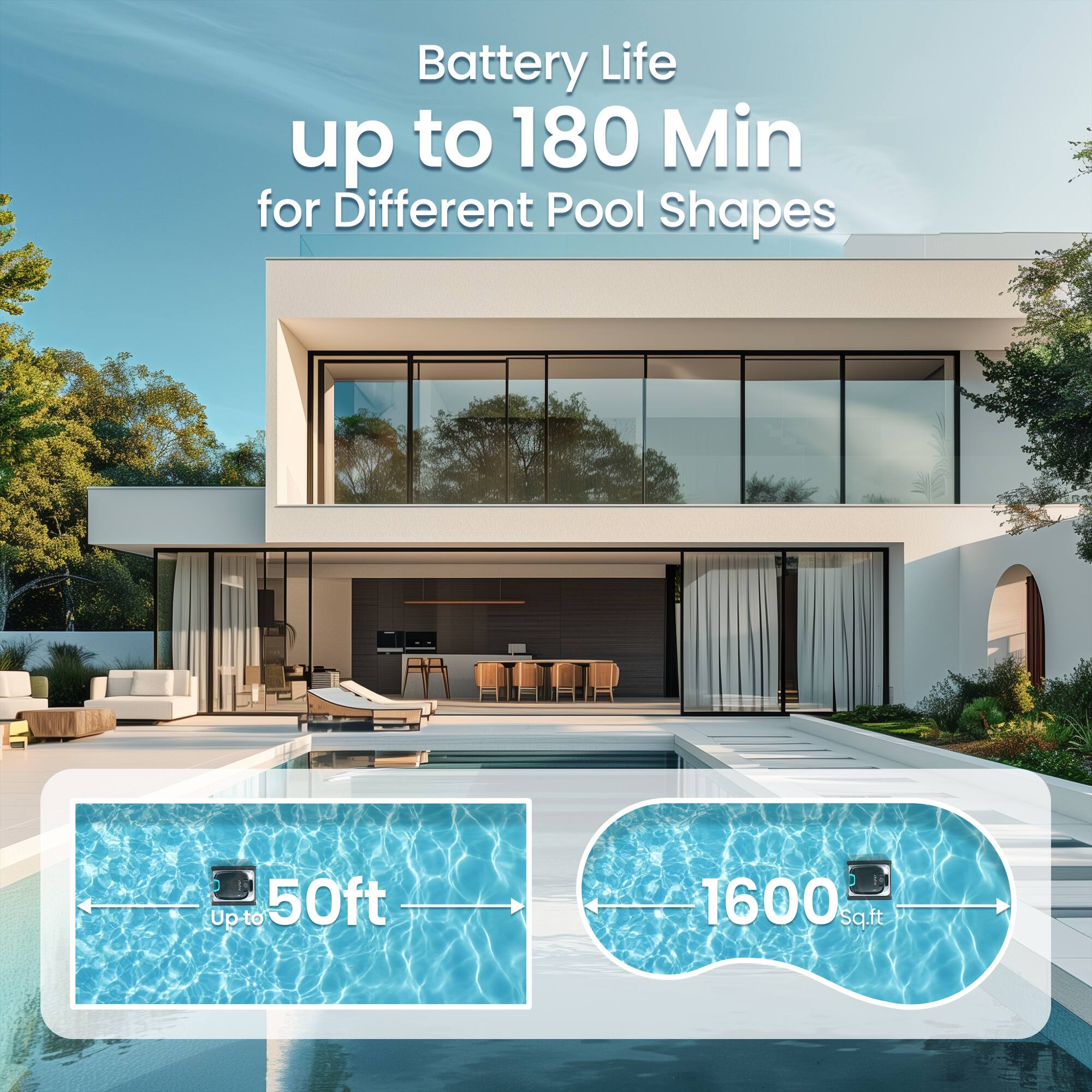 Battery Life up to 180 Min for Different Pool Shapes  
Up to 50ft  
1600 Sq.ft