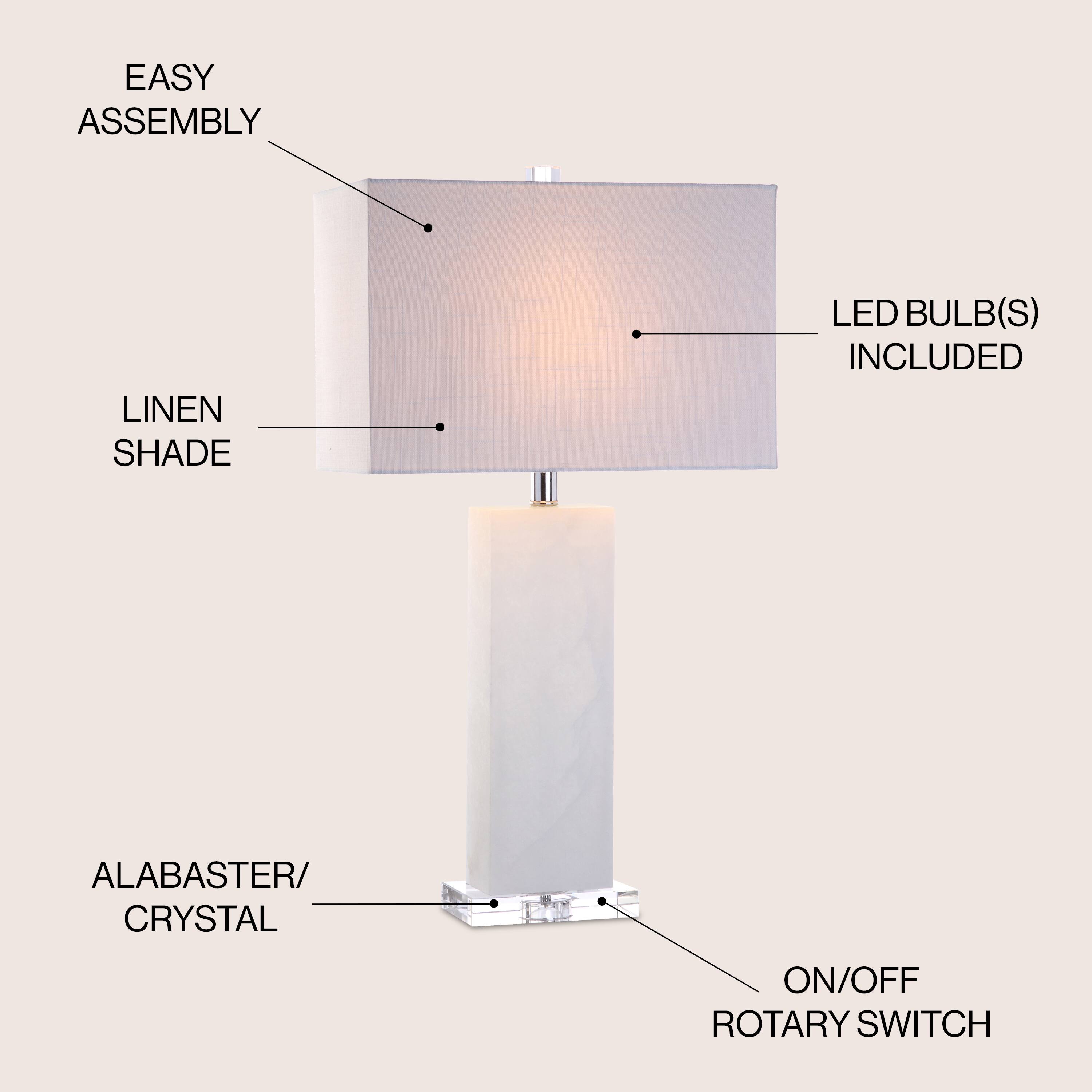 - Easy Assembly
- Linen Shade
- LED Bulb(s) Included
- Alabaster/Crystal
- On/Off Rotary Switch