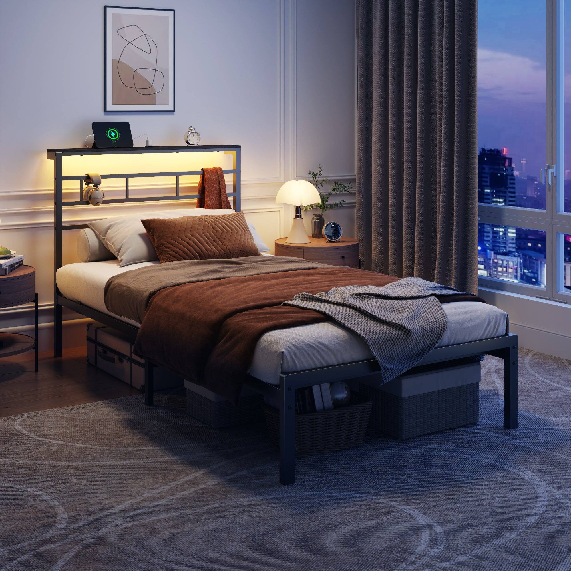 Angle. Furnulem - Platform Bed Frame With Storage Headboard Twin Bed with Adjustable LED Light and Charging Station - Black.