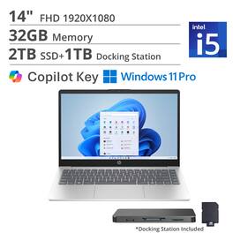 HP - 14" FHD Laptop,Intel Core i5-1334U,32GB DDR4,2TB SSD+1TB Dock Station,Intel Iris Xe GPU,Copilot,Win 11 Pro - Silver