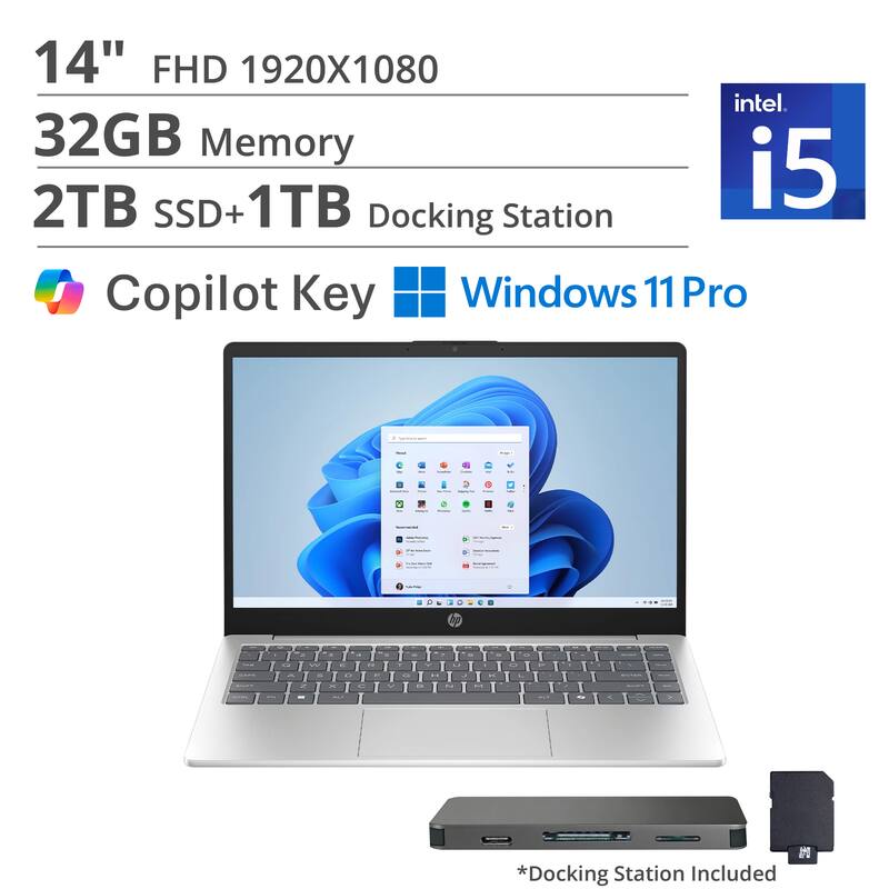 14" FHD 1920x1080  
32GB Memory  
2TB SSD + 1TB  
Intel i5  
Copilot Key  
Windows 11 Pro  
Docking Station Included