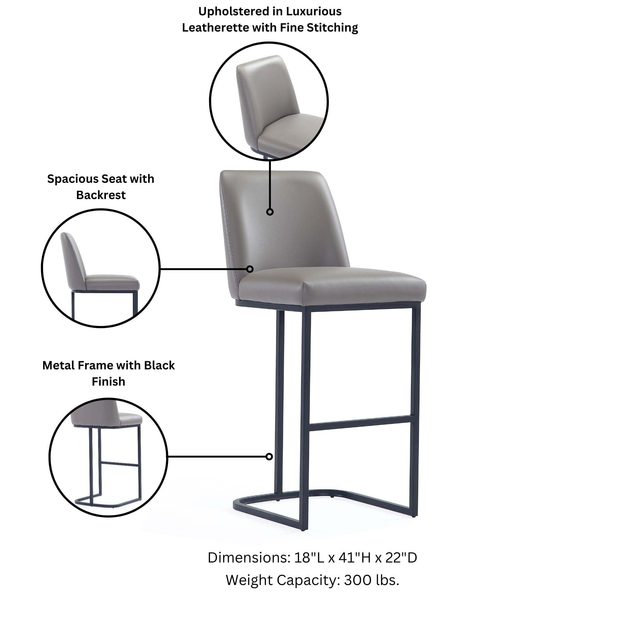Upholstered in Luxurious Leatherette with Fine Stitching  
Spacious Seat with Backrest  
Metal Frame with Black Finish  
Dimensions: 18"L x 41"H x 22"D  
Weight Capacity: 300 lbs.