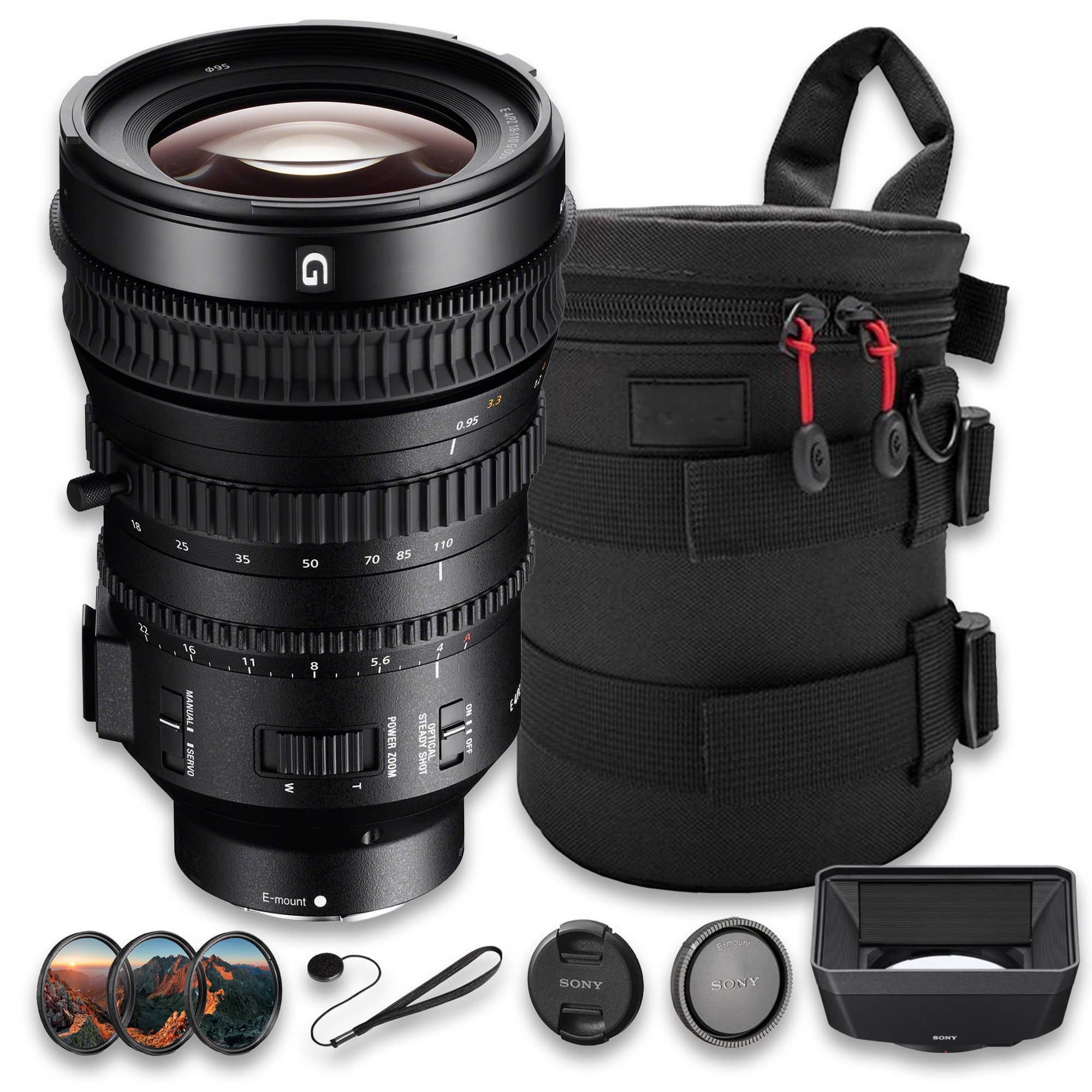 95  
E4/PZ18-110GO33  
33 0.95  
la  
25  
35  
50  
70  
85  
110  
q  
16 . MANUAL #SERVO  
11  
W  
8  
.  
5.6 POWER T ZOOM  
STEADY SHOT  
4 OPTICA  
A NO OFF  
E-mount  
SONY  
SONY  
SCORT