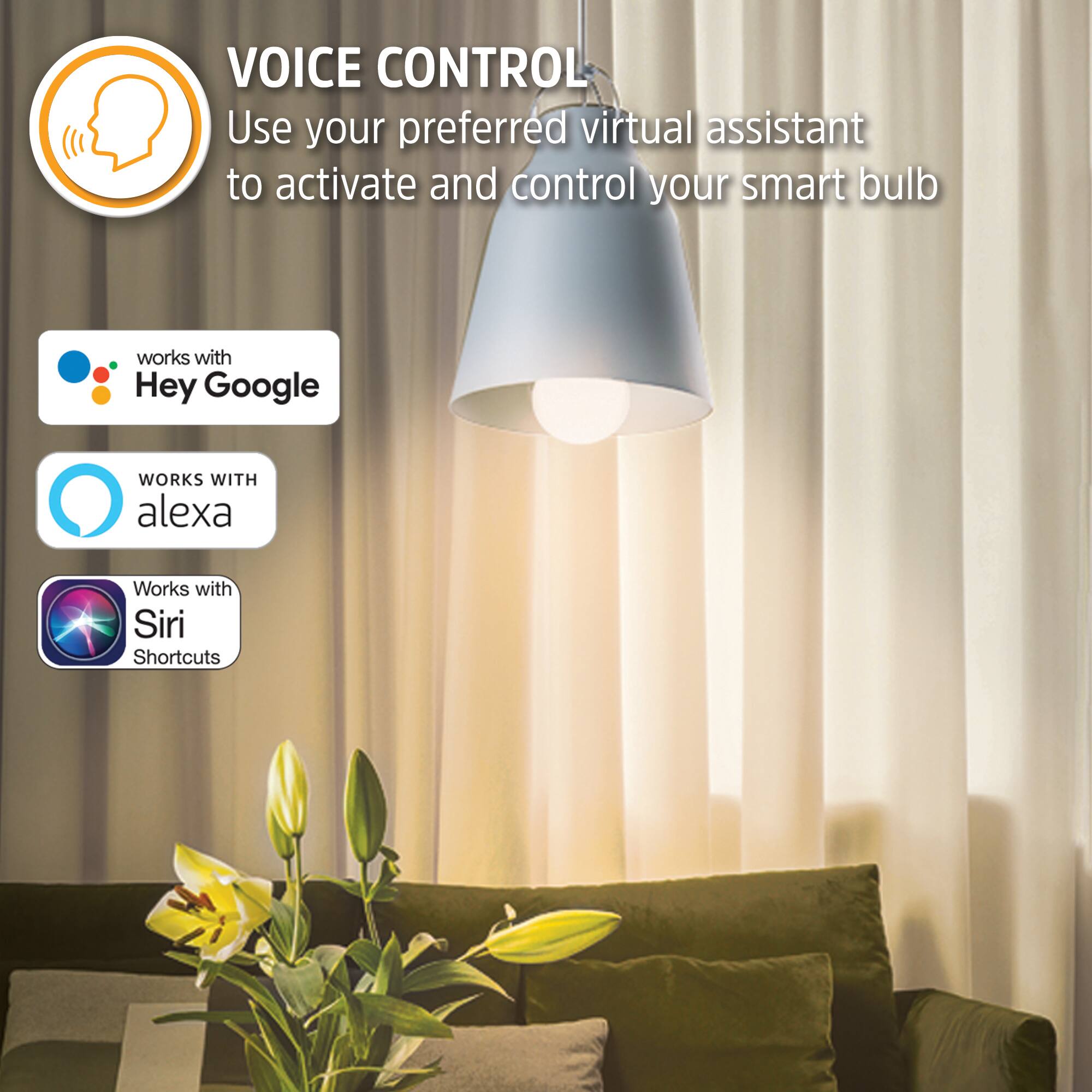 VOICE CONTROL  
Use your preferred virtual assistant to activate and control your smart bulb

- works with Hey Google
- WORKS WITH alexa
- Works with Siri Shortcuts
