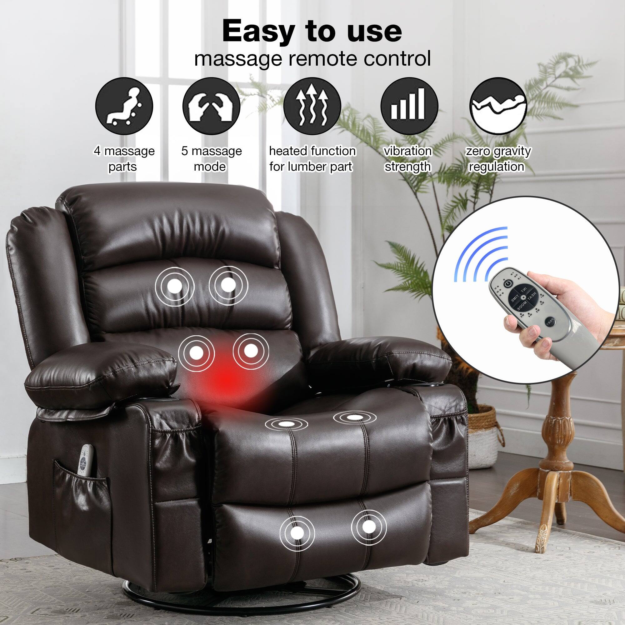 Easy to use massage remote control, 4 massage parts, 5 massage mode, heated function for lumber part, vibration strength, zero gravity regulation.