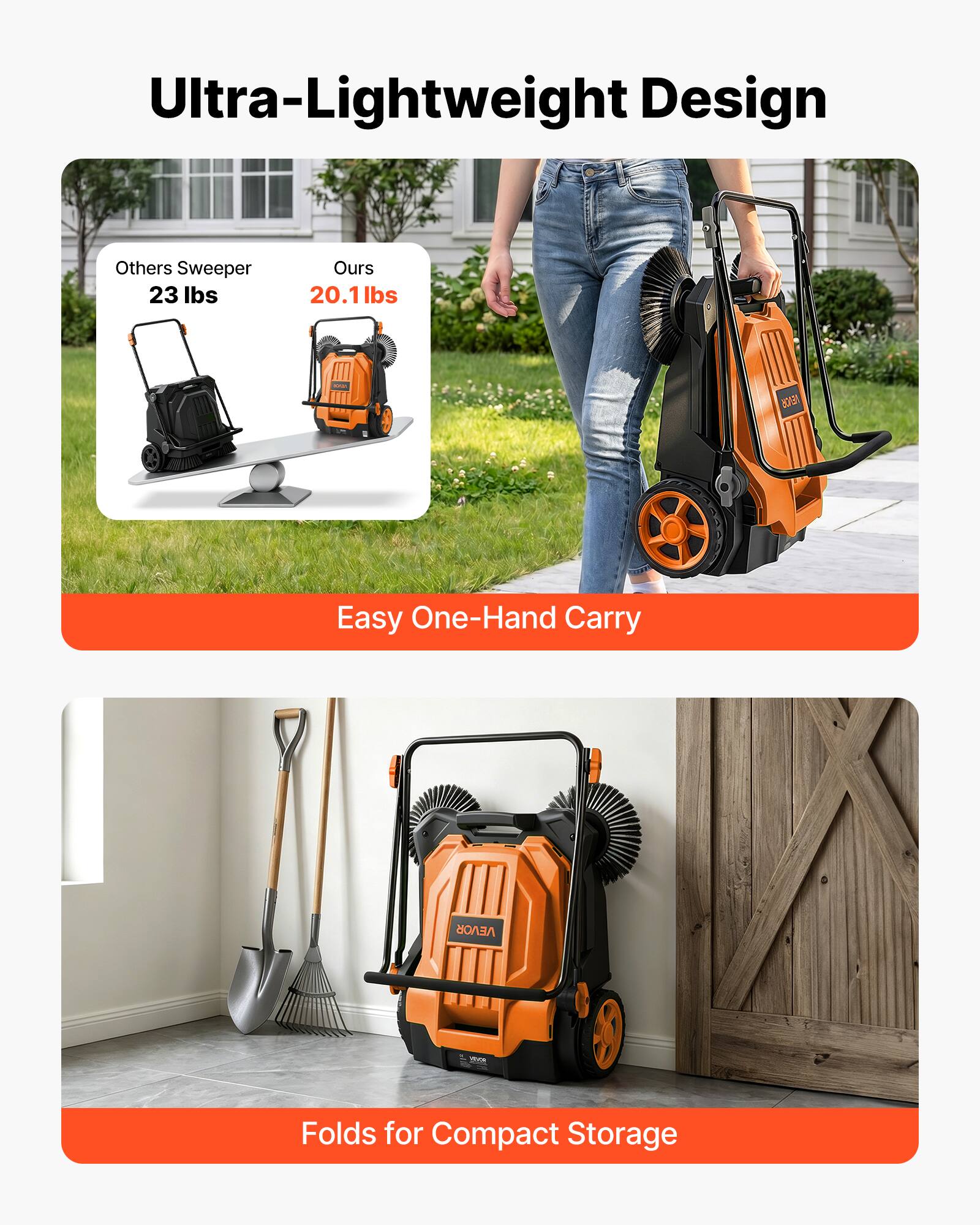Ultra-Lightweight Design

Others Sweeper 23 lbs
Ours 20.1 lbs

- Easy One-Hand Carry
- Folds for Compact Storage