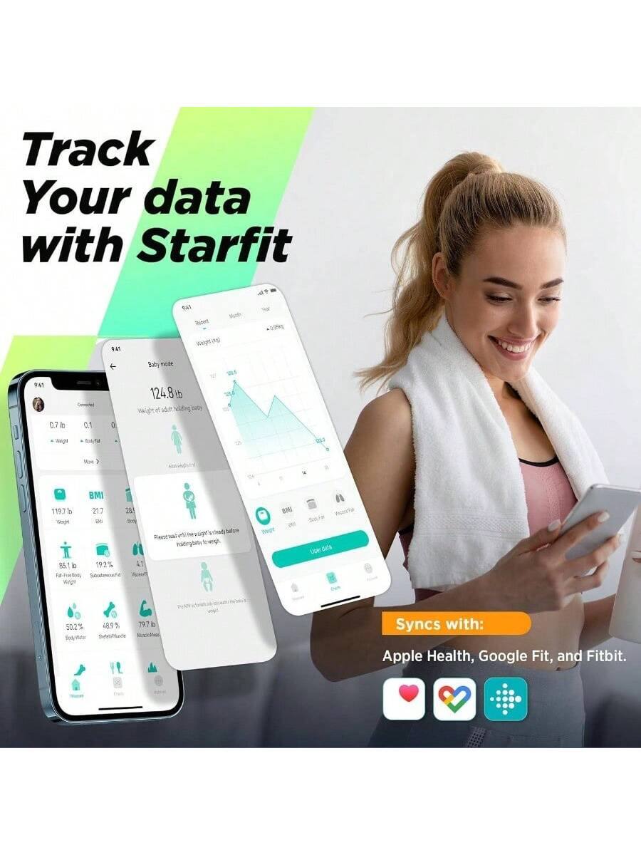 Track Your data with Starfit

124.8 lb
Weight of adult + weight of baby

BMI
119.7
21.7
28.1

Fat-free body weight
50.2%
48.9%
79.7 lb

Syncs with:
Apple Health, Google Fit, and Fitbit.