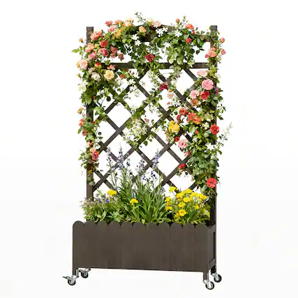 Front. CloudRest Pro - Raised Garden Bed with Trellis and Wheels 48 Inch Elevated Planter Box with Drainage Holes - Brown.