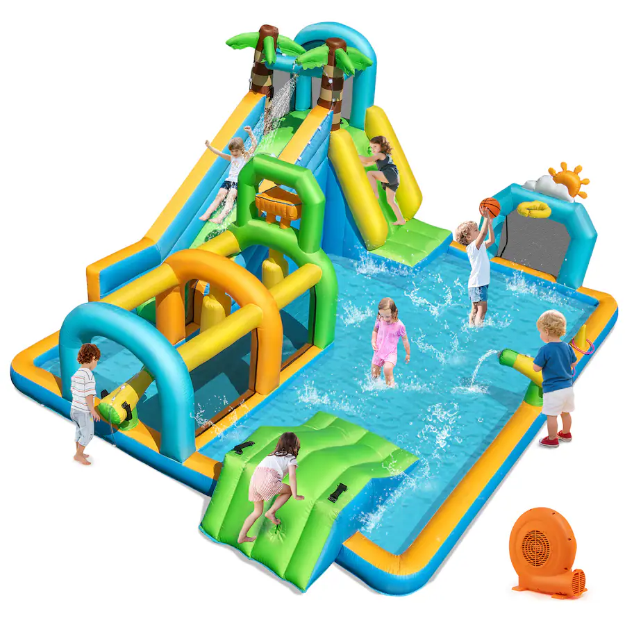 Costway Inflatable Water Park with Climbing Wall Basketball Rim Target ...