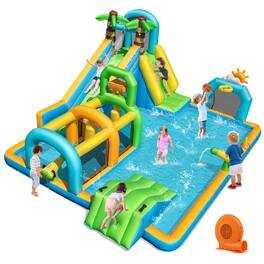 Costway - Inflatable Water Park with Climbing Wall Basketball Rim Target Game & 750W Blower - Multicolor