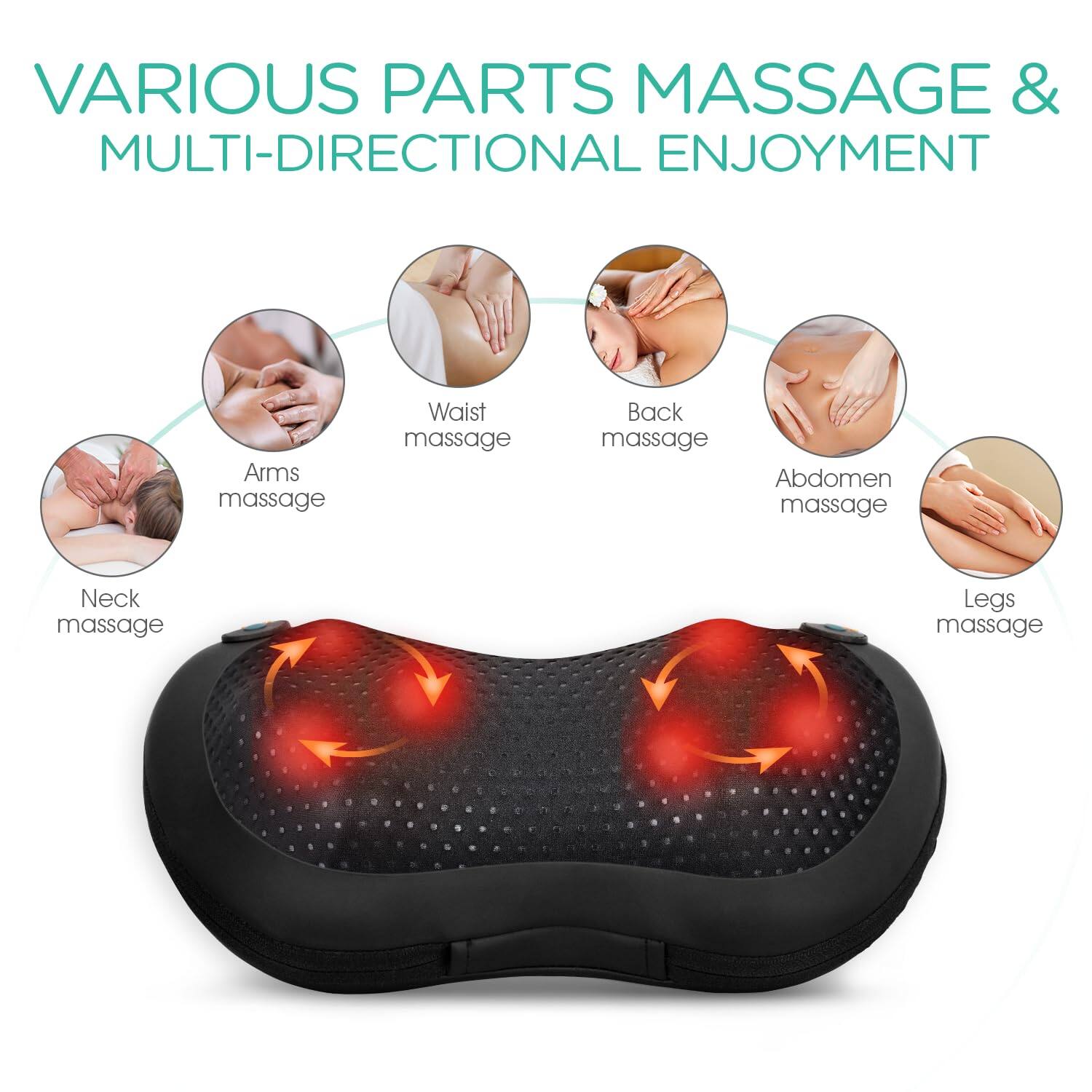VARIOUS PARTS MASSAGE & MULTI-DIRECTIONAL ENJOYMENT

- Arms massage
- Waist massage
- Back massage
- Abdomen massage
- Neck massage
- Legs massage