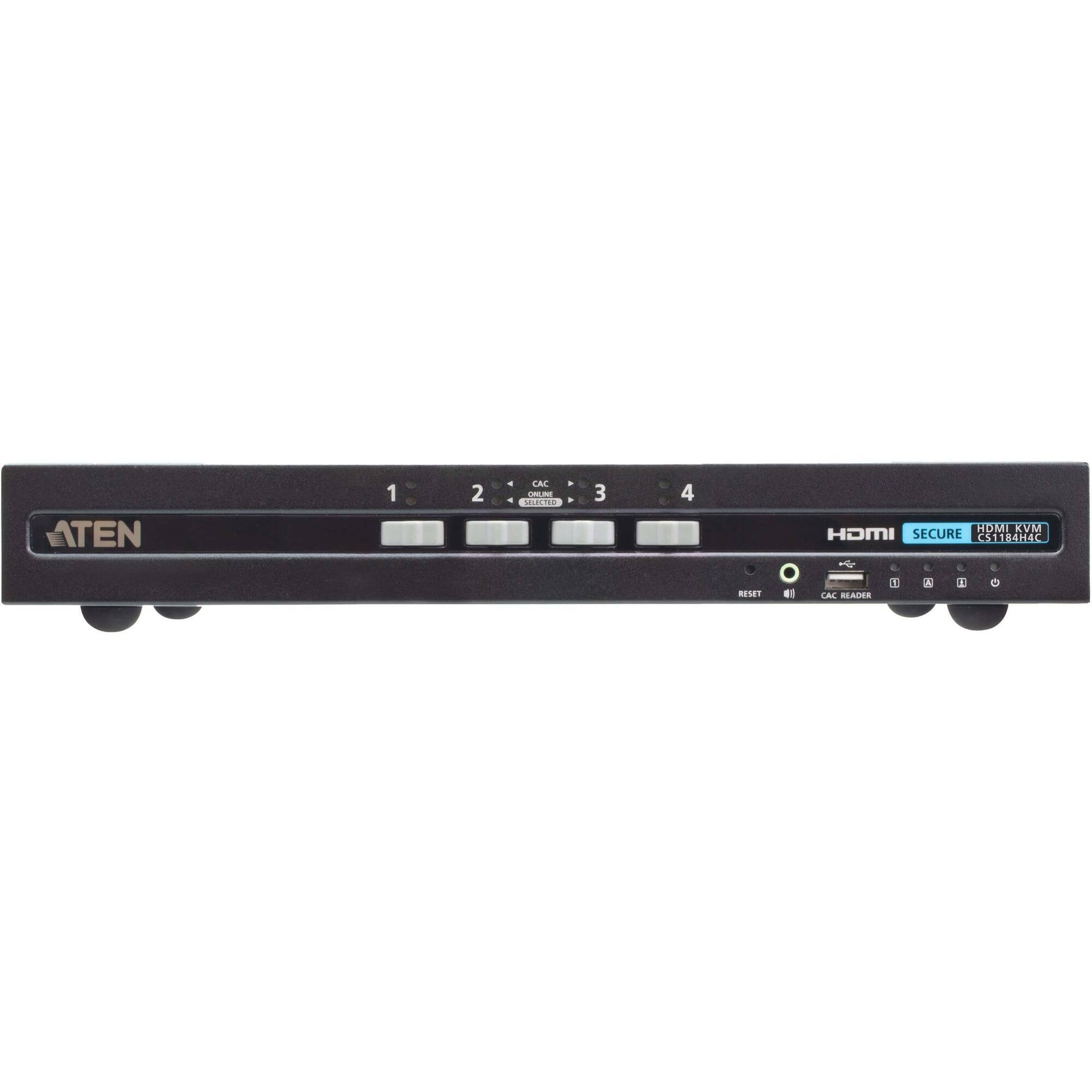 ATEN

1
2
3
4

CAC < CARLINE SELECTED

RESET

HDMI KVM HDMI SECURE CS1184H4C P 1 CAC READER