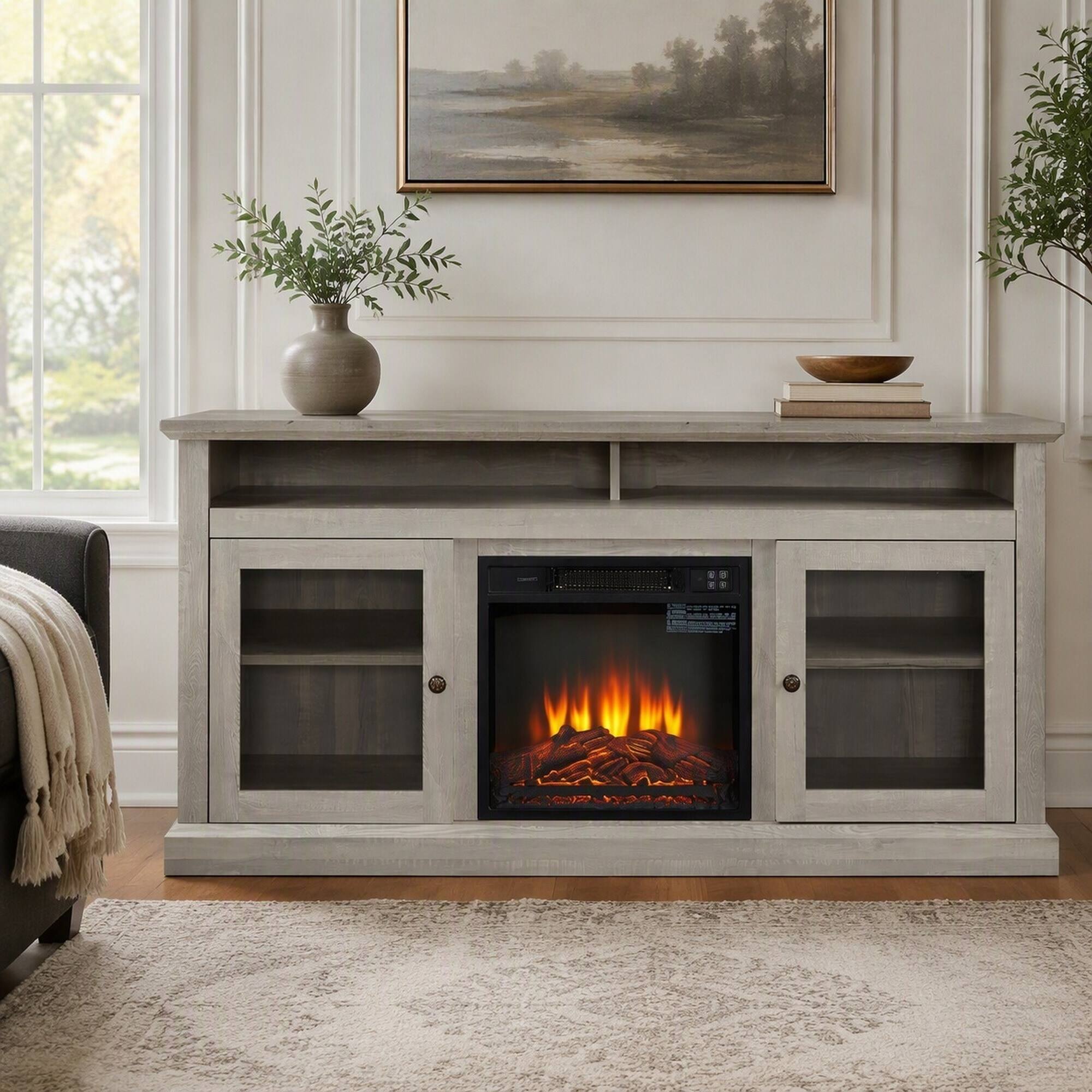 Front. RYHNUYNE - Stone Gray Media Console with 18" Built-In Fireplace, Fits TVs Up to 65", Adjustable Shelves and Glass Door Cabinets - Stone.