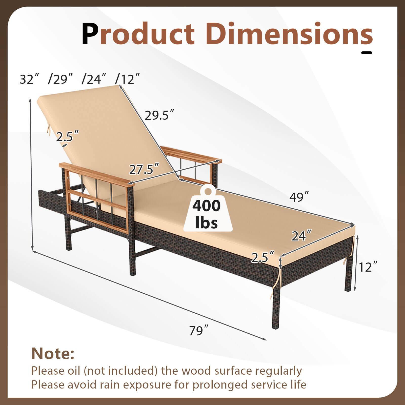 Product Dimensions - 32" /29" /24" /12" 2.5" 29.5" 27.5" 400 lbs 2.5" 49" 24" 12" 79"

Note: Please oil (not included) the wood surface regularly. Please avoid rain exposure for prolonged service life.